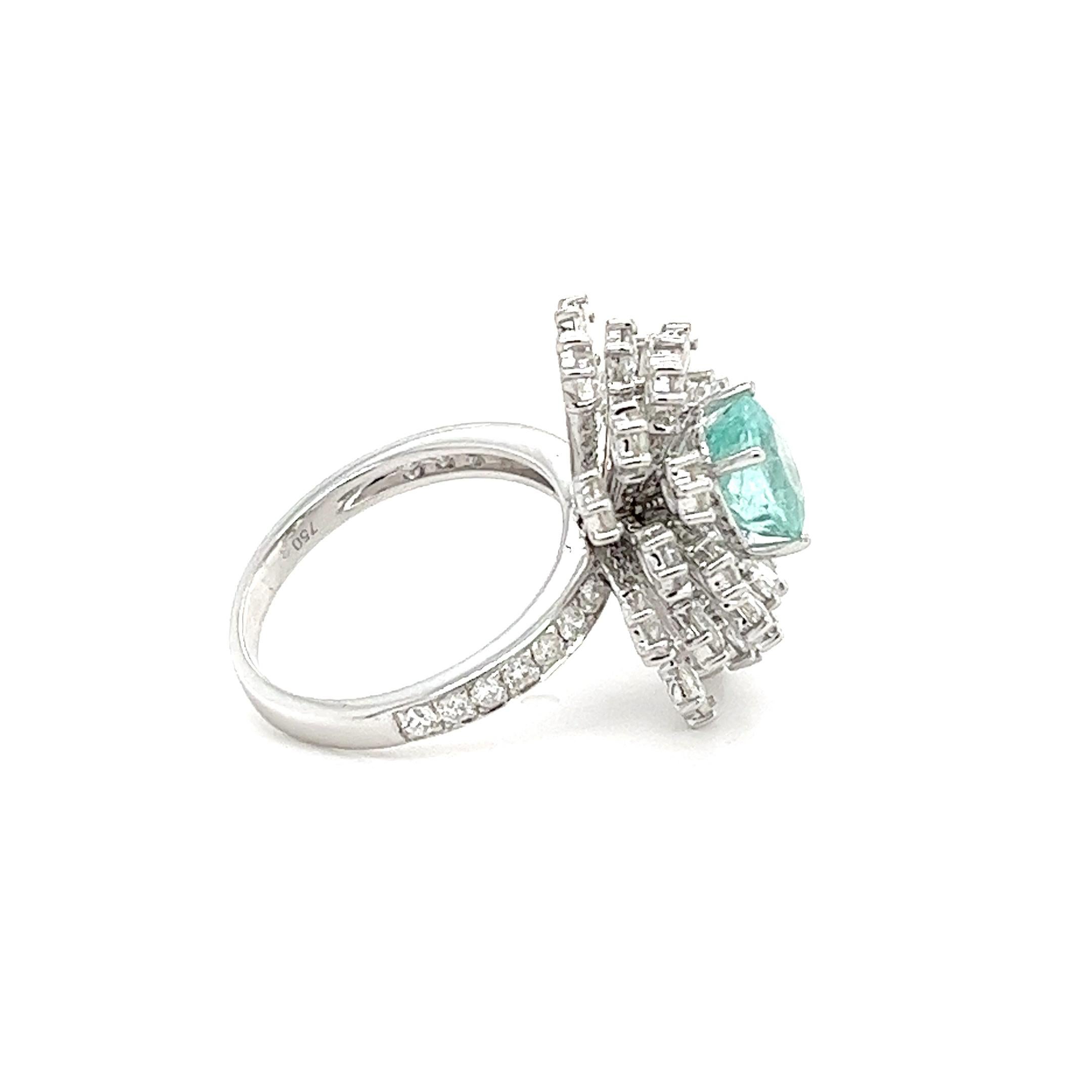 Women's or Men's 18K White Gold Paraiba Tourmaline Ring with Diamonds For Sale