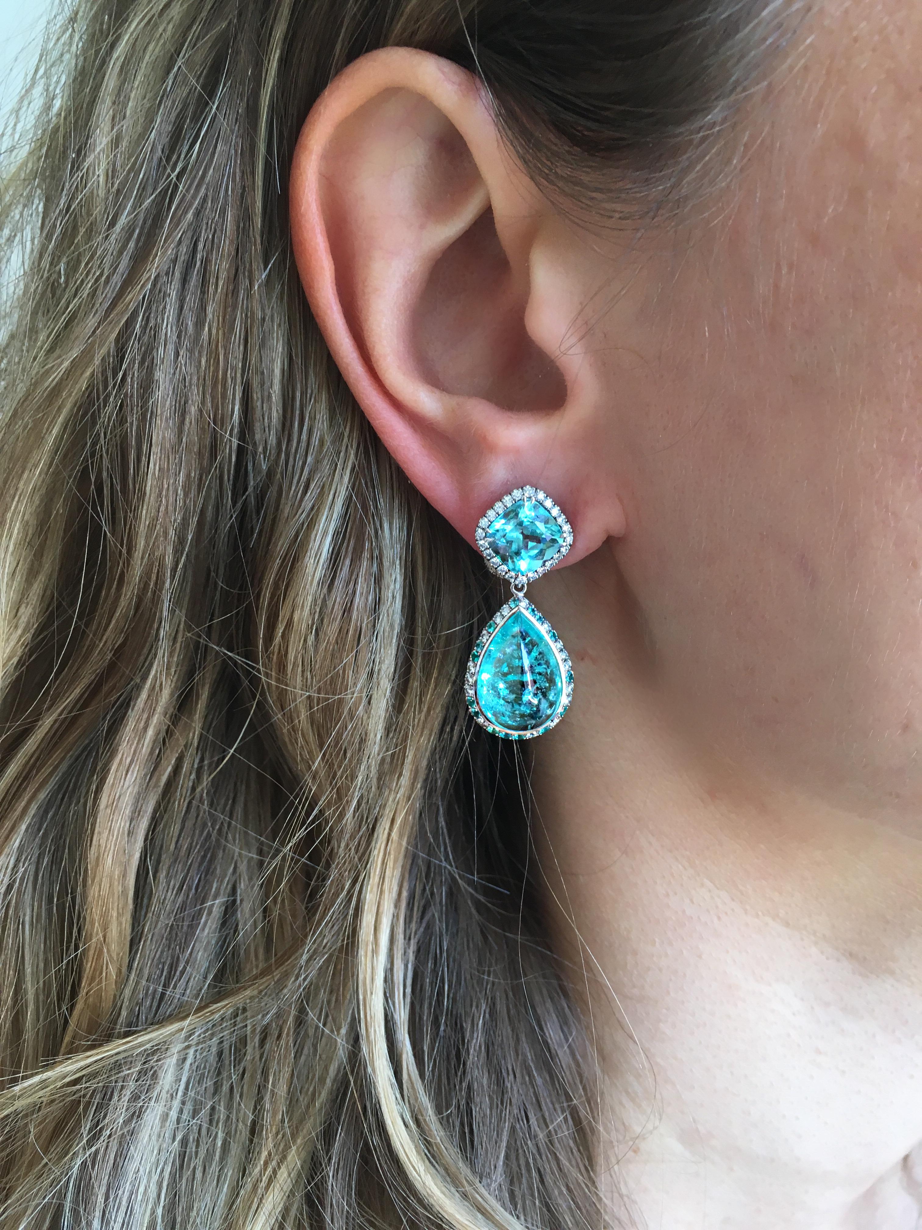 Contemporary 18 Karat White Gold Paraiba Tourmalines 14.49 Carat Diamond Entourage Earrings