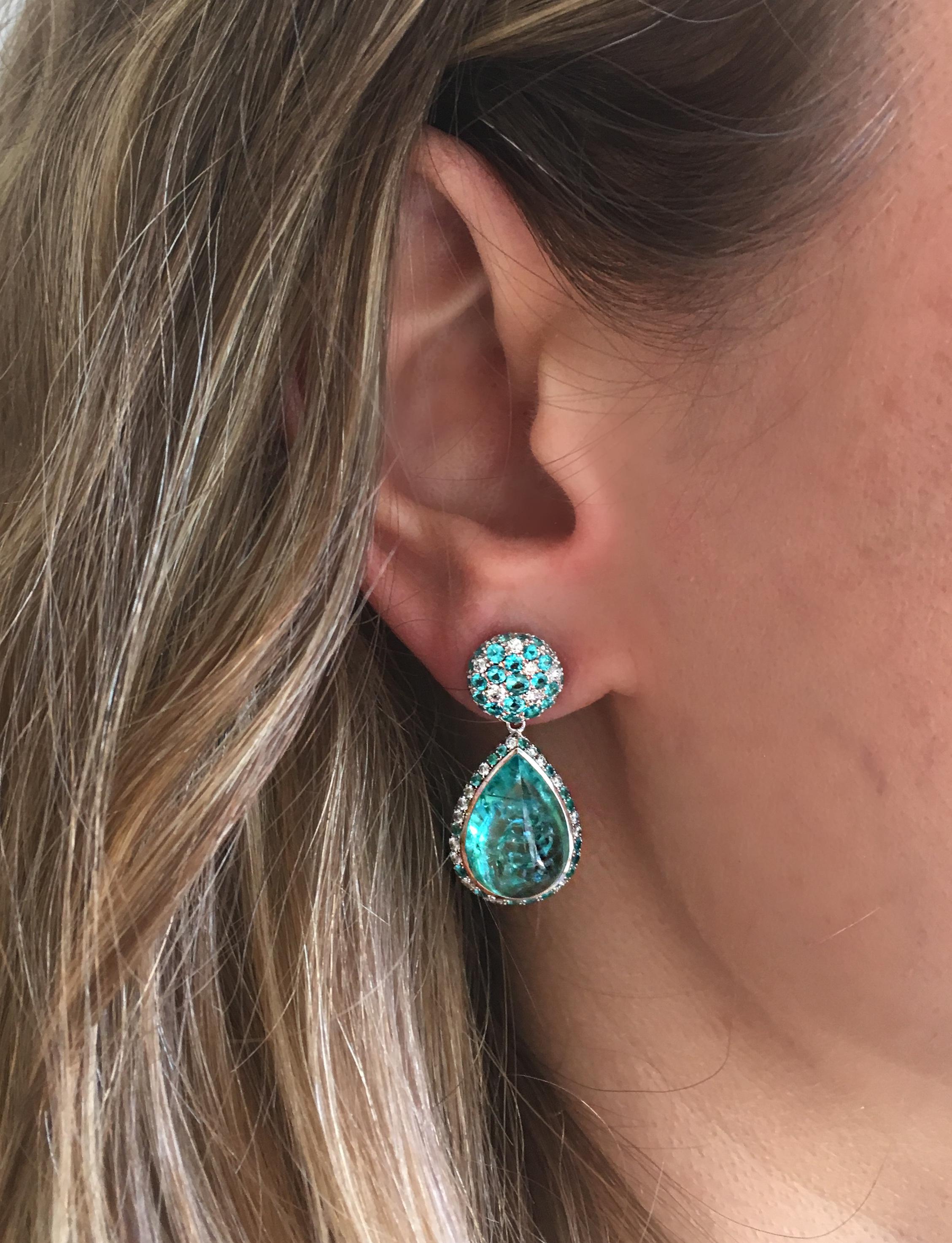 18 Karat White Gold Paraiba Tourmalines 14.49 Carat Diamond Entourage Earrings 1
