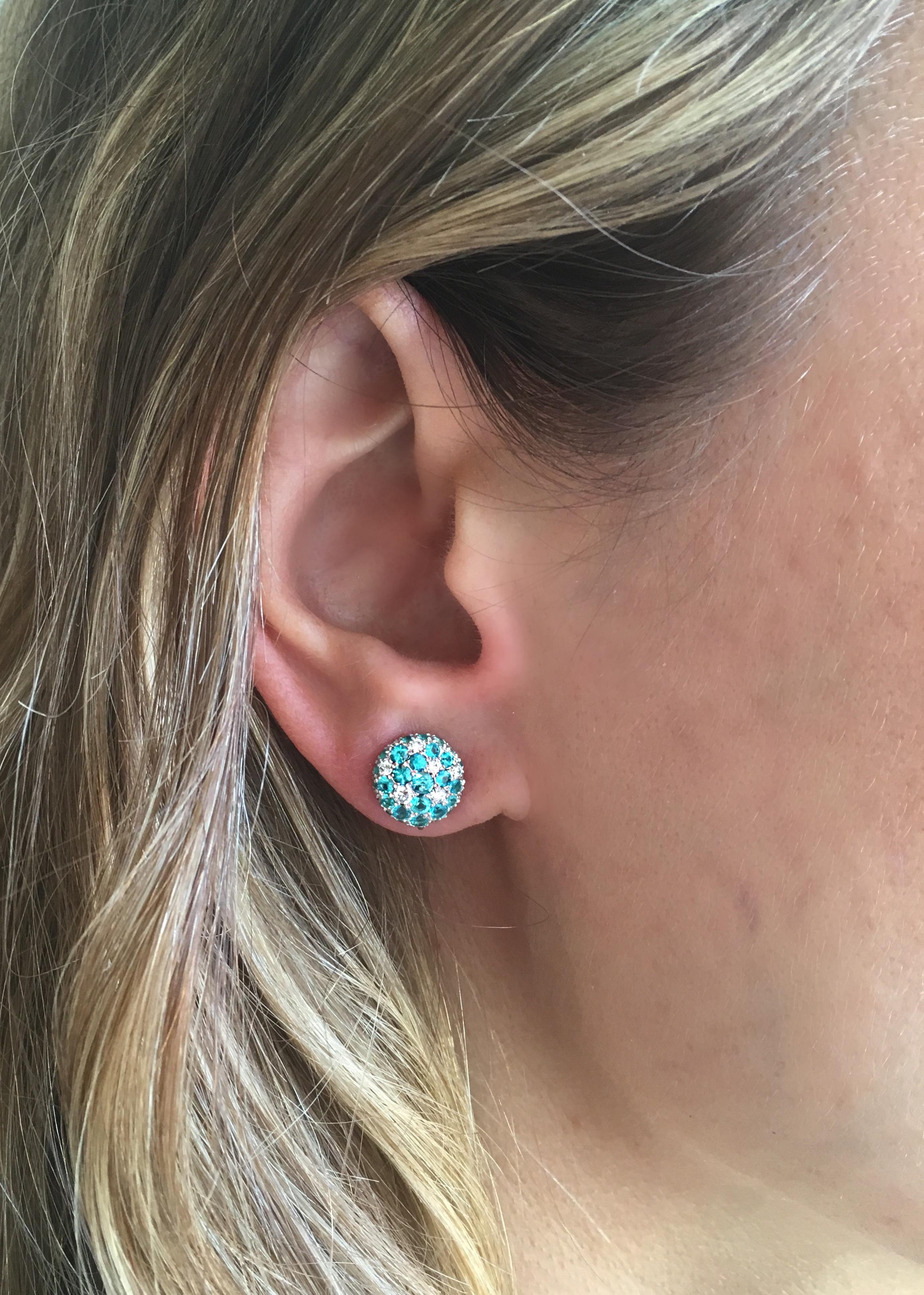 18 Karat White Gold Paraiba Tourmalines 14.49 Carat Diamond Entourage Earrings 2