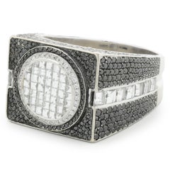 18k White Gold Pave Black Diamond and Invisible Set White Diamond Signet Ring