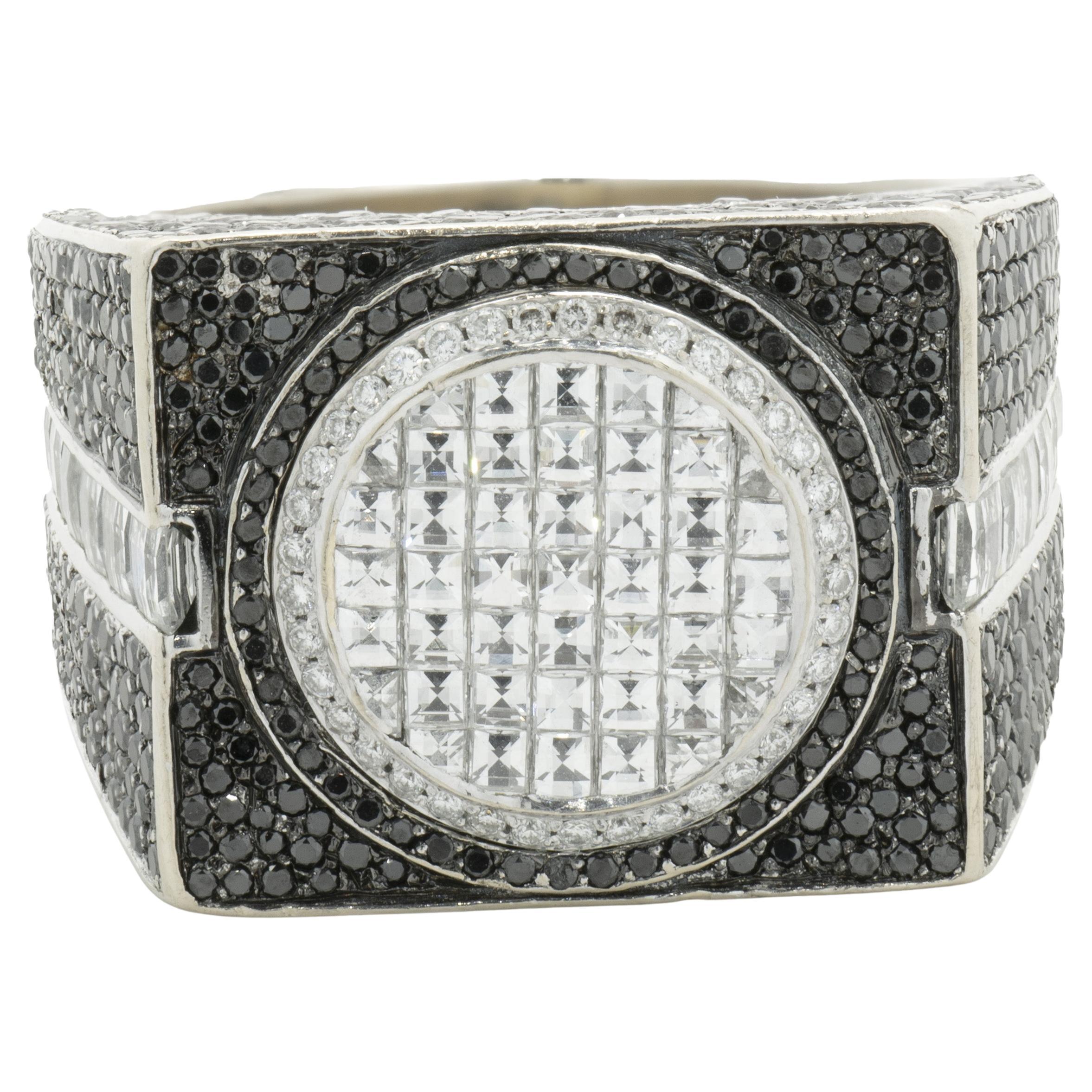 18k White Gold Pave Black Diamond and Invisible Set White Diamond Signet Ring For Sale