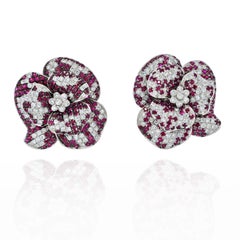18K White Gold Pave Diamond and Ruby Flower Earrings