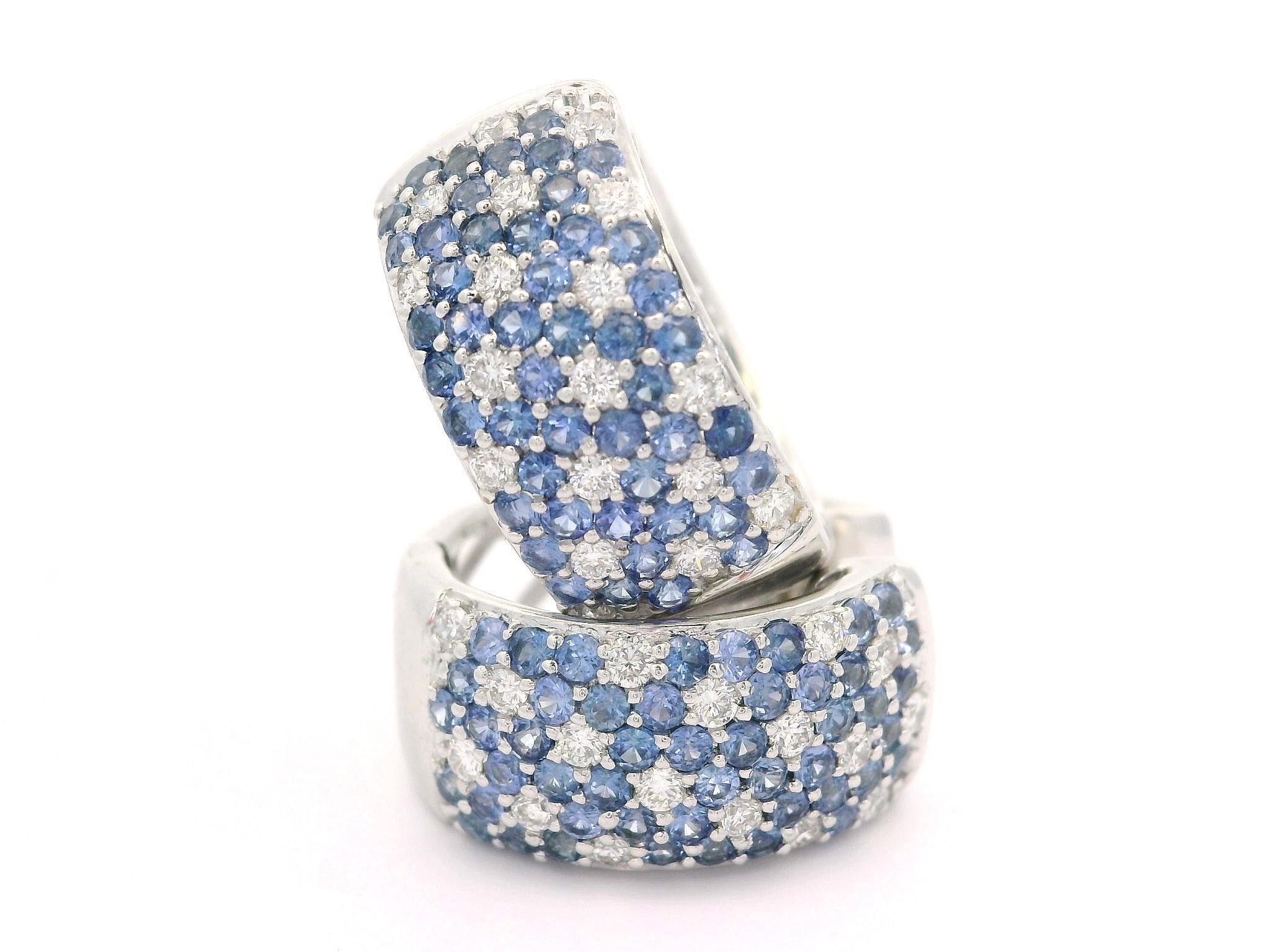18k White Gold Pave Diamond & Cornflower Blue Sapphire Wide Huggie Hoop Earrings For Sale 5