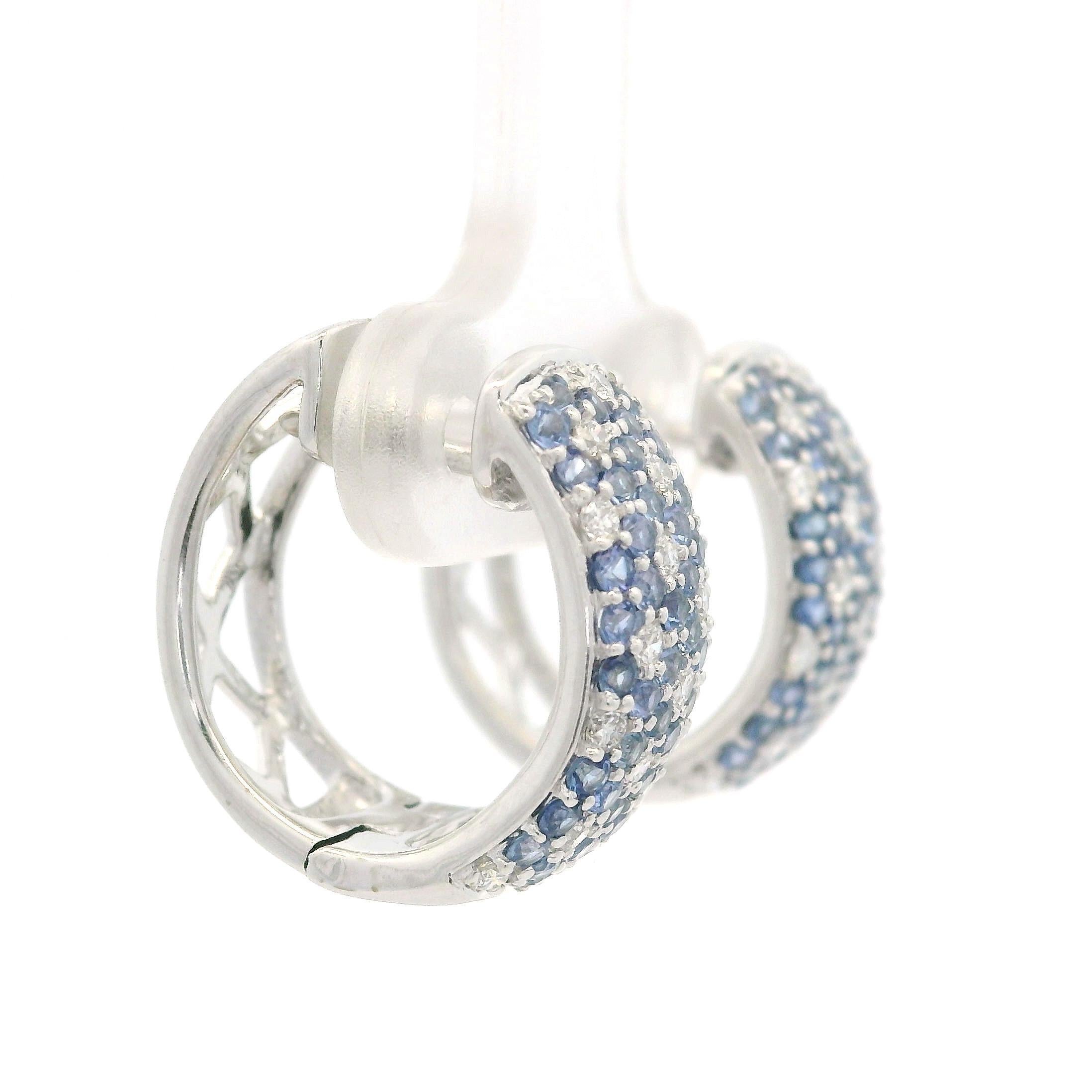 18k White Gold Pave Diamond & Cornflower Blue Sapphire Wide Huggie Hoop Earrings For Sale 6