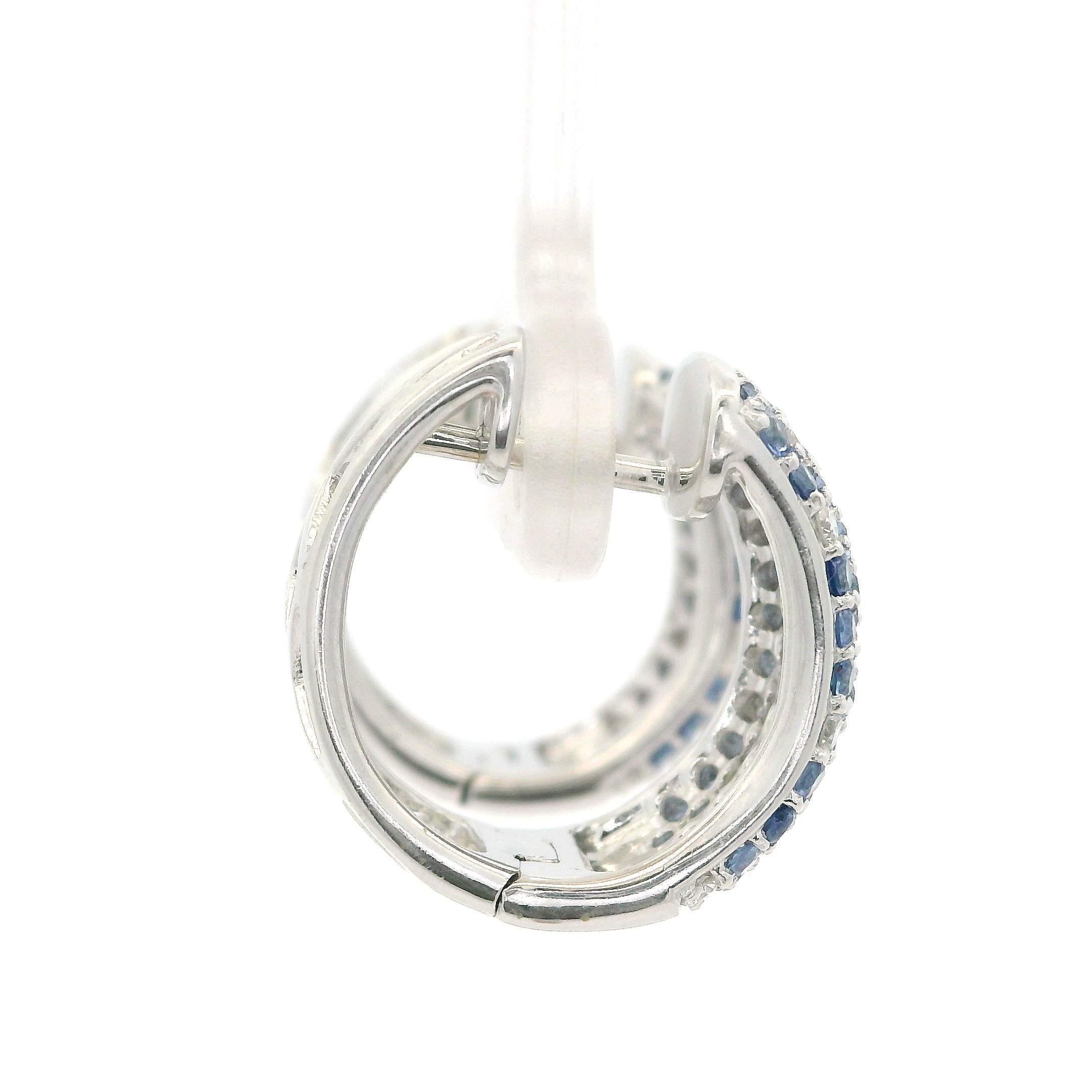 18k White Gold Pave Diamond & Cornflower Blue Sapphire Wide Huggie Hoop Earrings For Sale 7