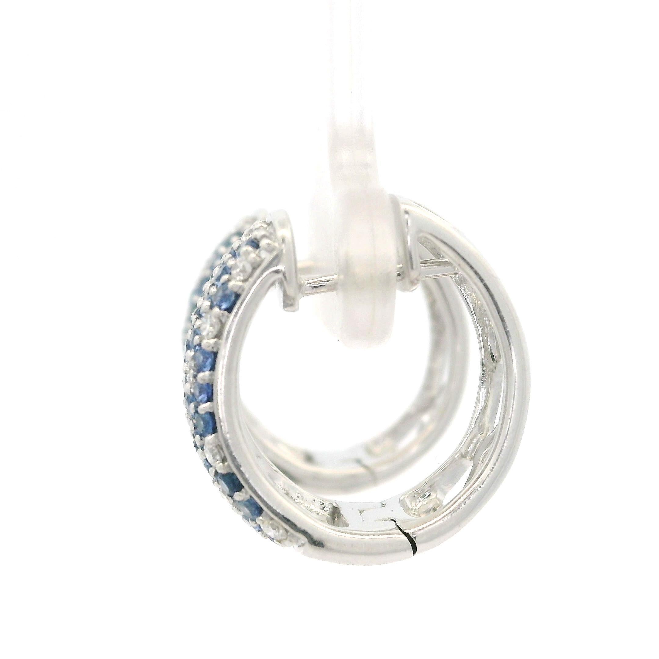 18k White Gold Pave Diamond & Cornflower Blue Sapphire Wide Huggie Hoop Earrings For Sale 8