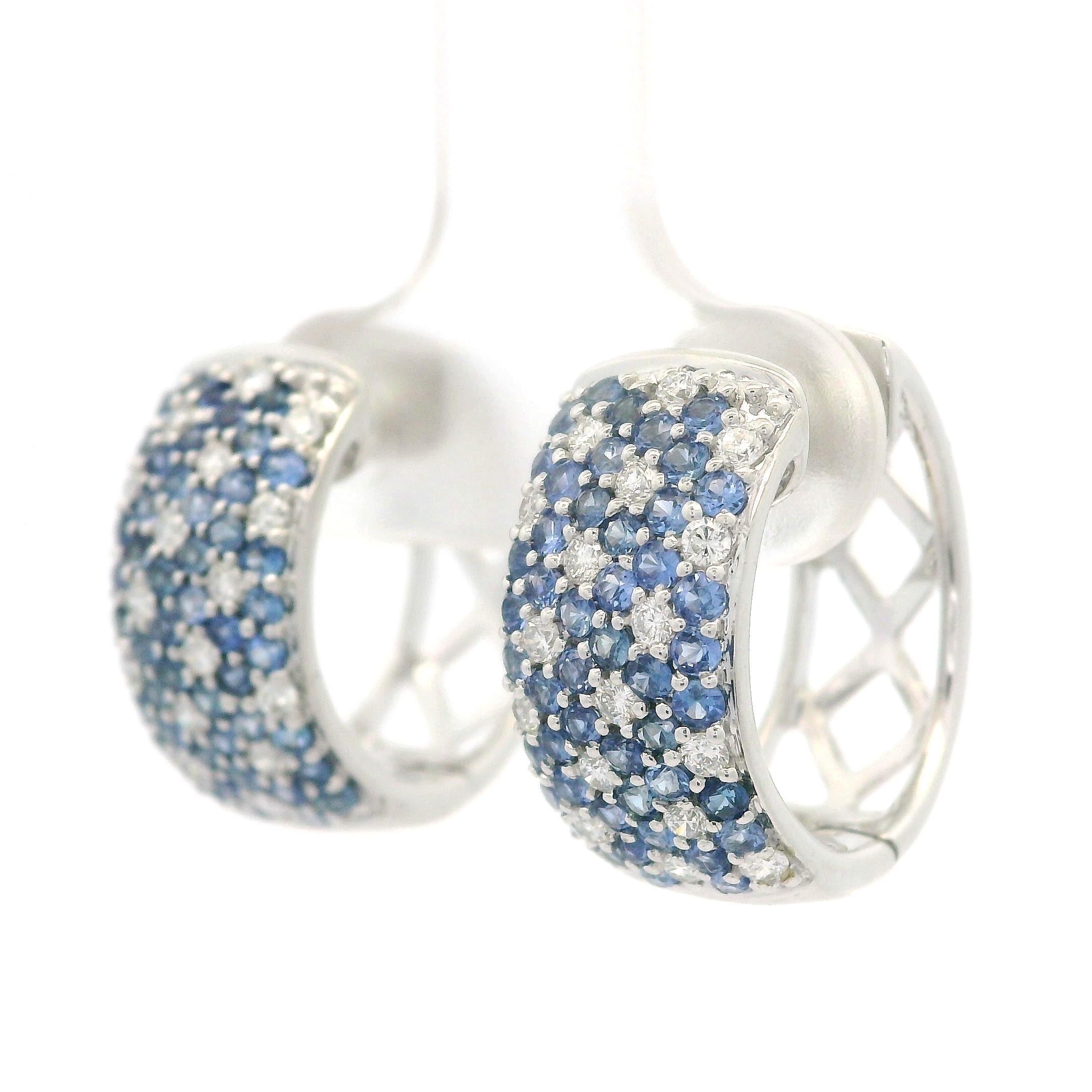 18k White Gold Pave Diamond & Cornflower Blue Sapphire Wide Huggie Hoop Earrings For Sale 9