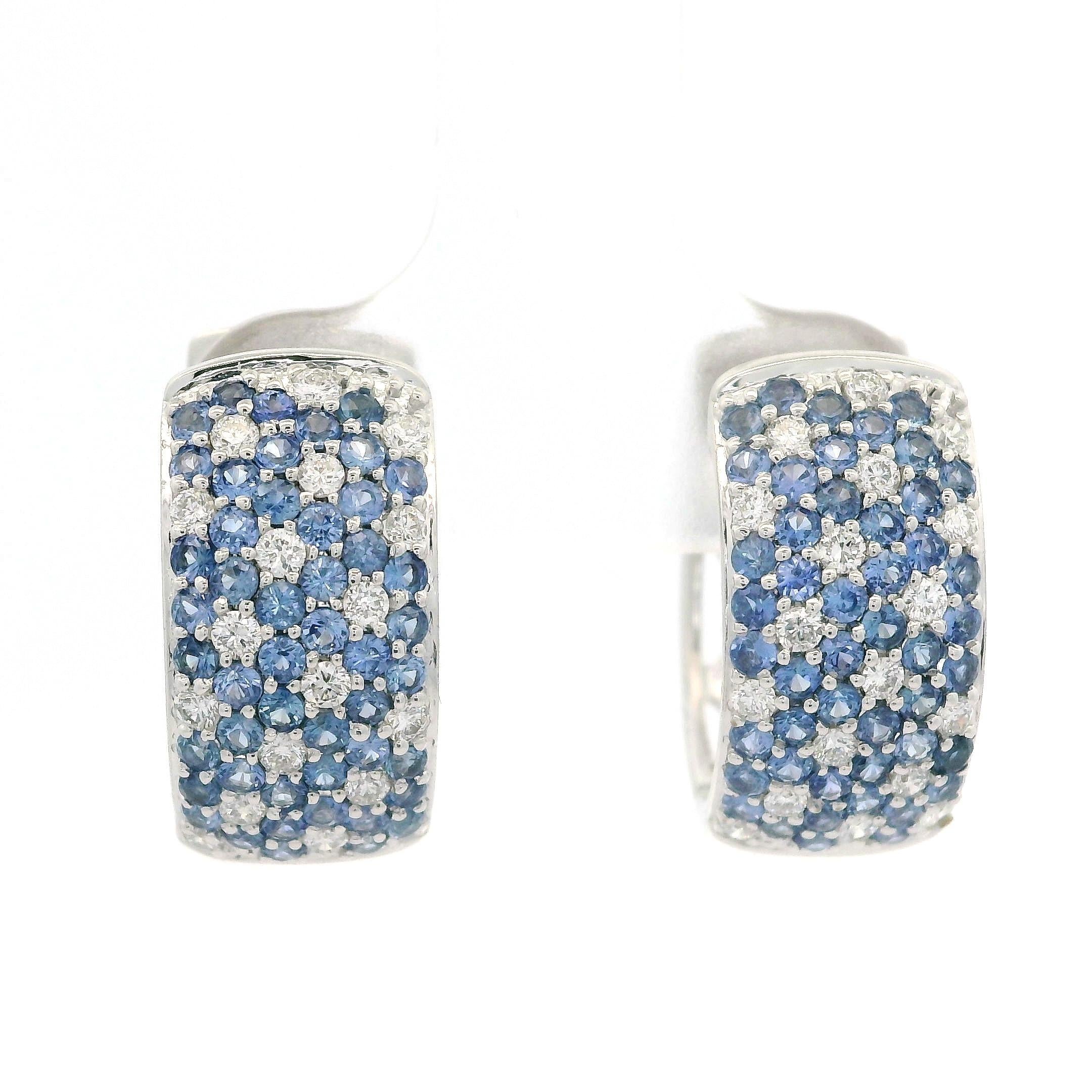 18k White Gold Pave Diamond & Cornflower Blue Sapphire Wide Huggie Hoop Earrings For Sale 10