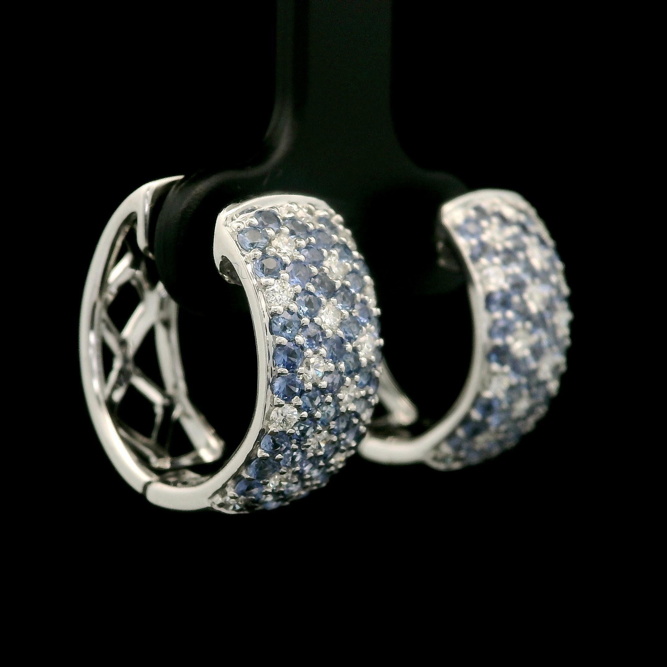 18k White Gold Pave Diamond & Cornflower Blue Sapphire Wide Huggie Hoop Earrings For Sale 3