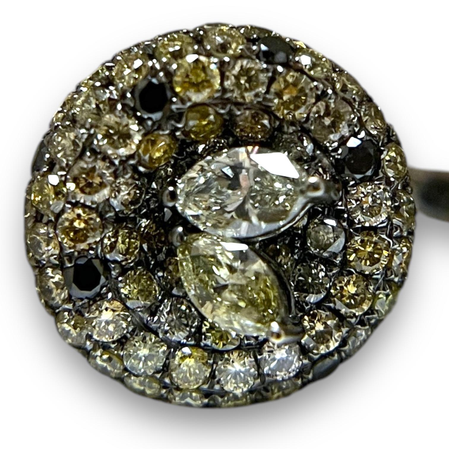 Contemporary 18K White Gold Pave Diamond Cuff Ring with Marquise and Round Diamonds For Sale