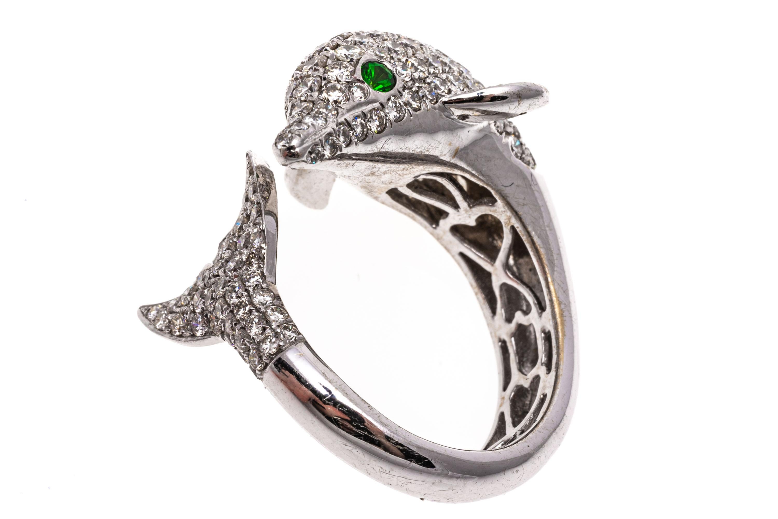 18k White Gold Pave Diamond Dolphin Bypass Ring, App. 1.32 TCW For Sale 1