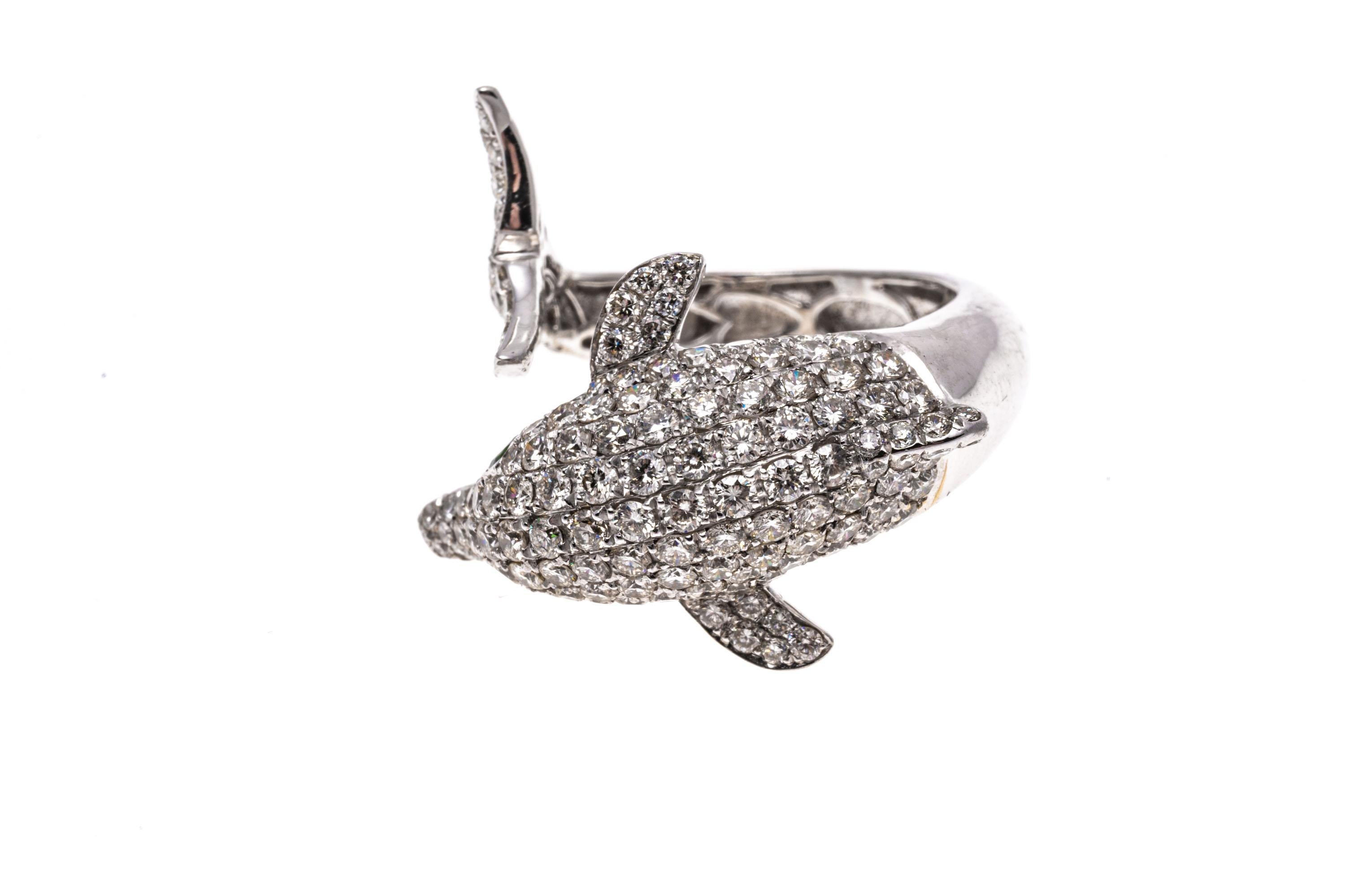 18k White Gold Pave Diamond Dolphin Bypass Ring, App. 1.32 TCW In Good Condition For Sale In Southport, CT
