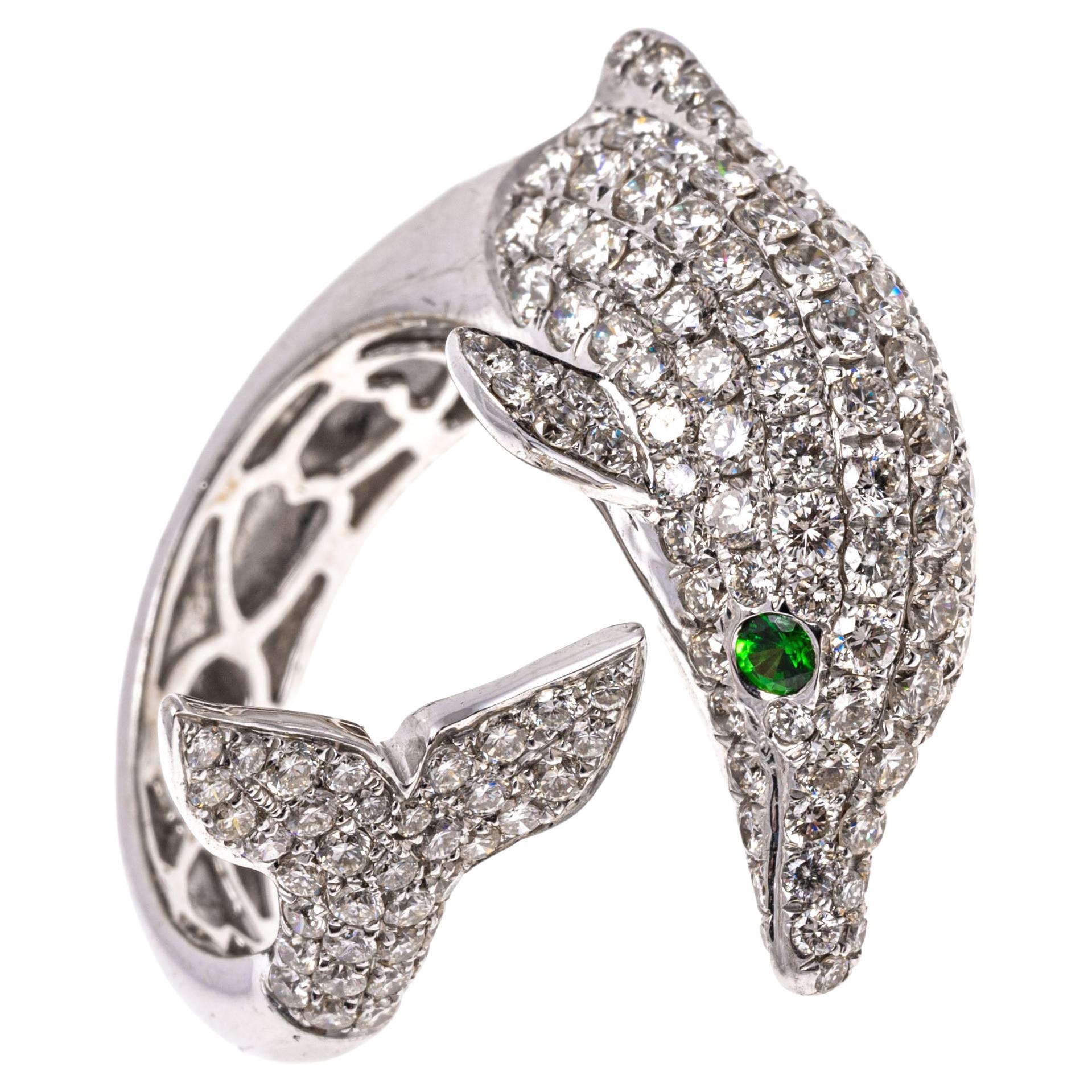 18k White Gold Pave Diamond Dolphin Bypass Ring, App. 1.32 TCW For Sale