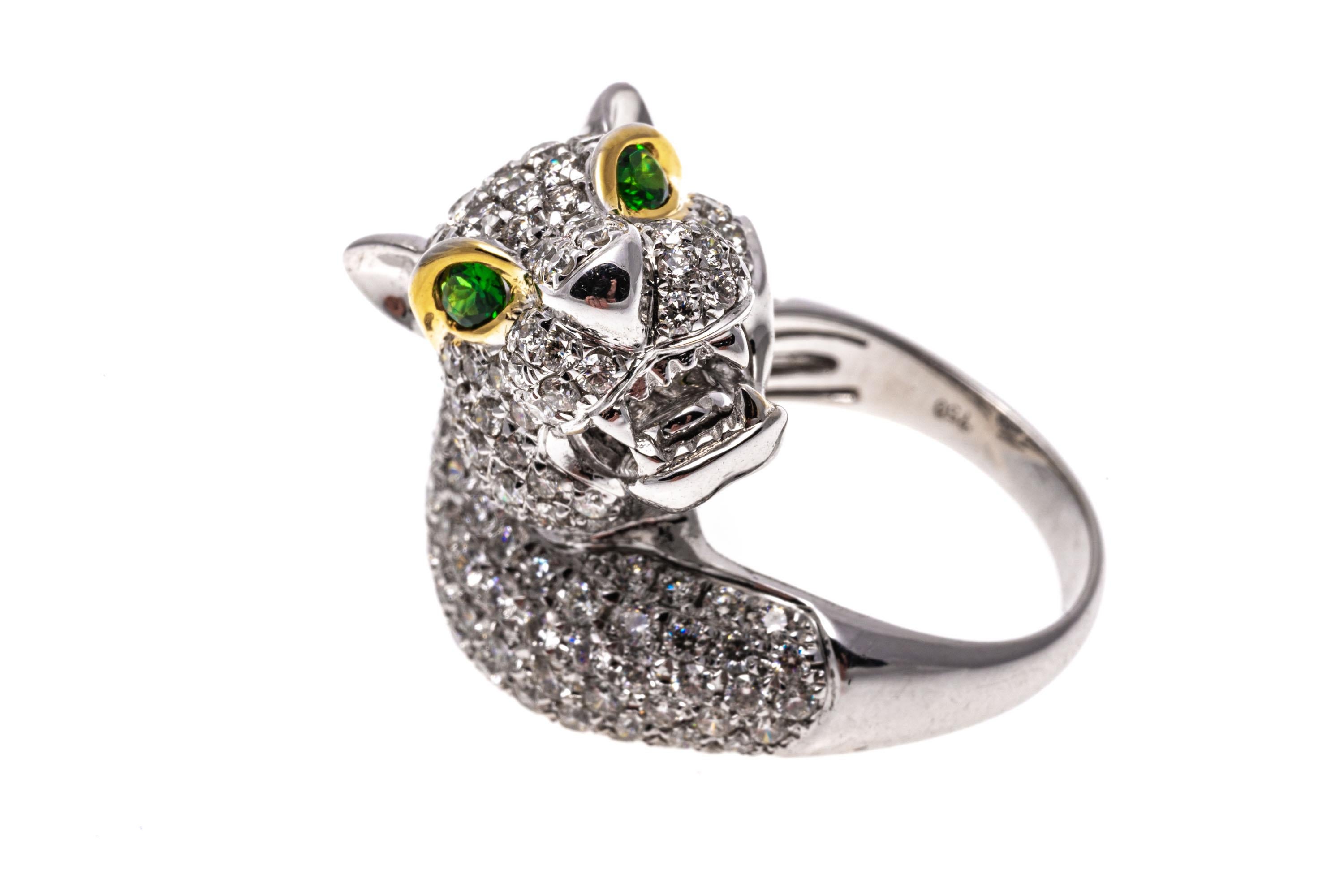 Round Cut 18k White Gold Pave Diamond Figural Panther Head Ring, App. 2.75 TCW For Sale