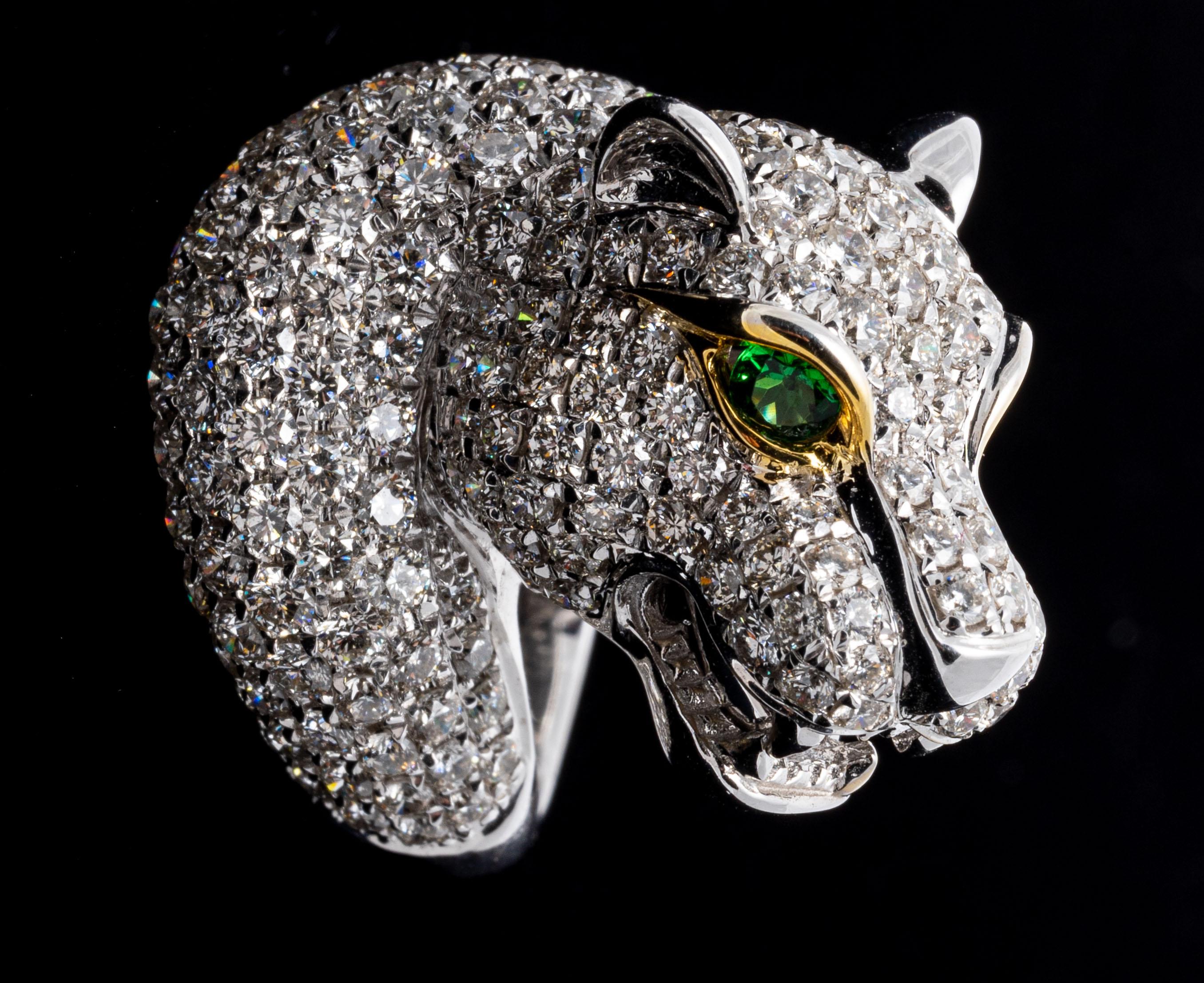 Women's 18k White Gold Pave Diamond Figural Panther Head Ring, App. 2.75 TCW For Sale
