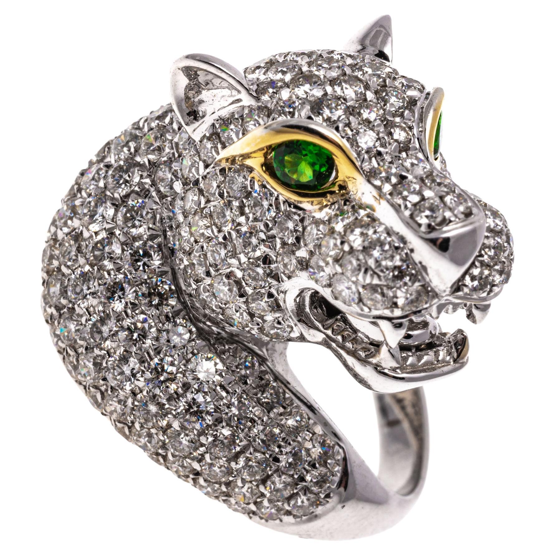 18k White Gold Pave Diamond Figural Panther Head Ring, App. 2.75 TCW For Sale