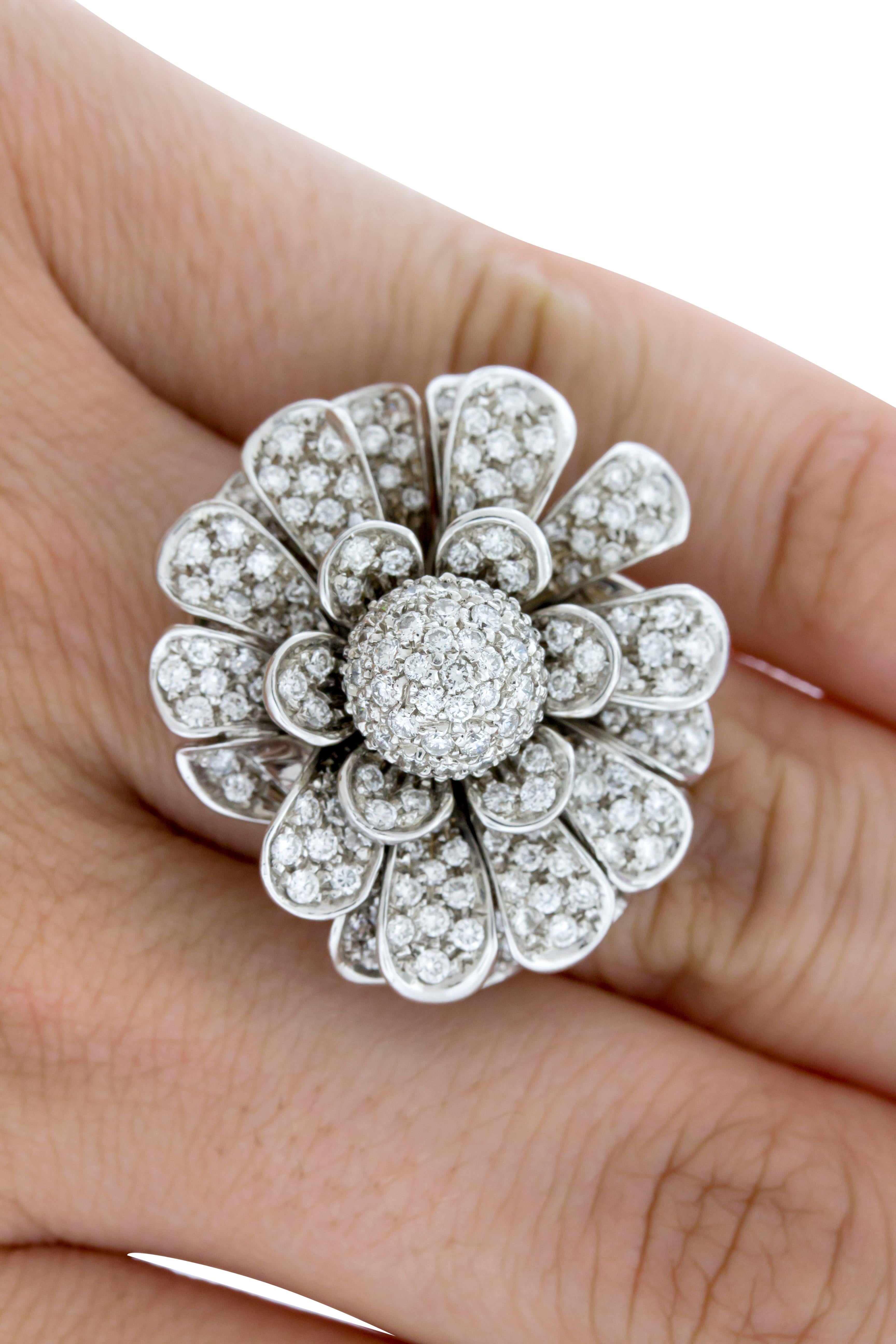 Round Cut 18 Karat White Gold Pave Diamond Flower Cocktail Ring For Sale