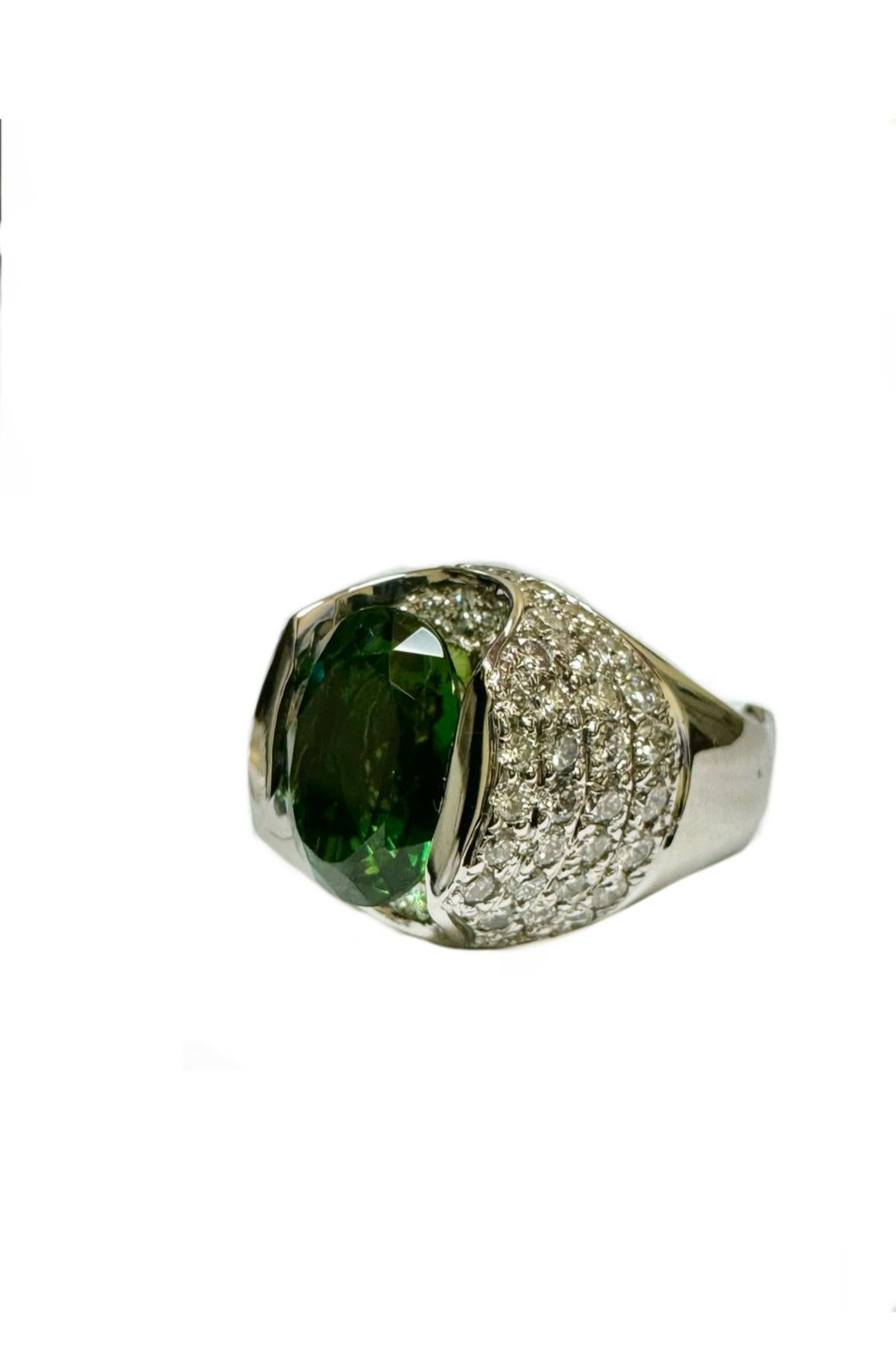 Oval Cut 18K White Gold Pave Diamond GIA Certified 5.95 Chrome Tourmaline Engagement Ring For Sale