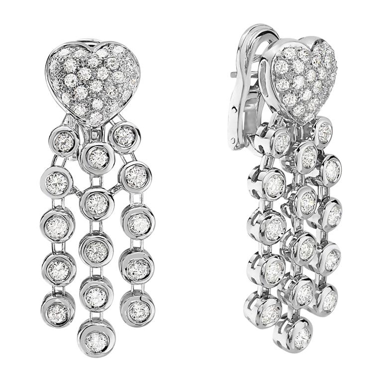 18 Karat White Gold Pave Diamond Heart Dangle Chandelier Earrings