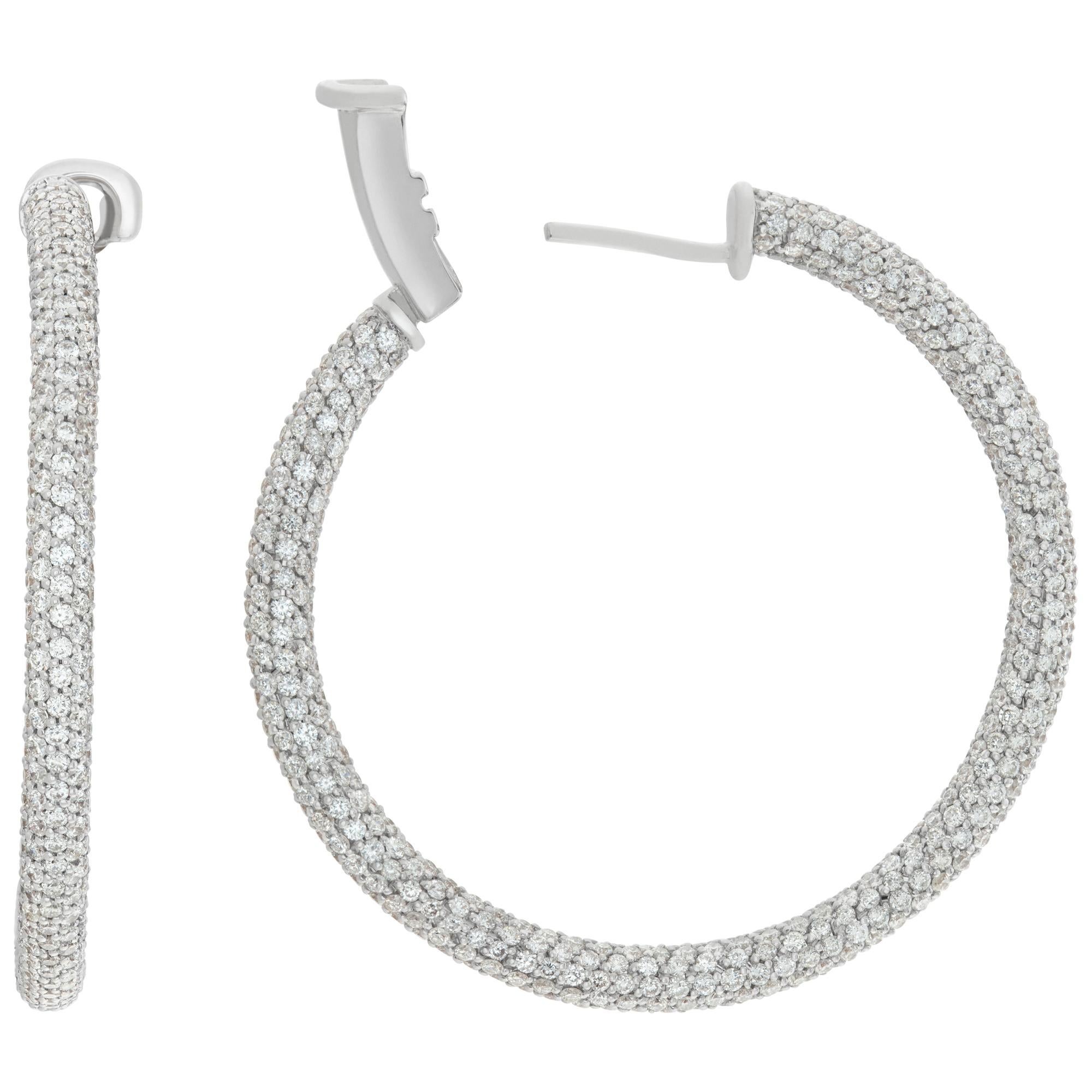 Women's 18k White Gold Pave Diamond Hoop Earrings For Sale