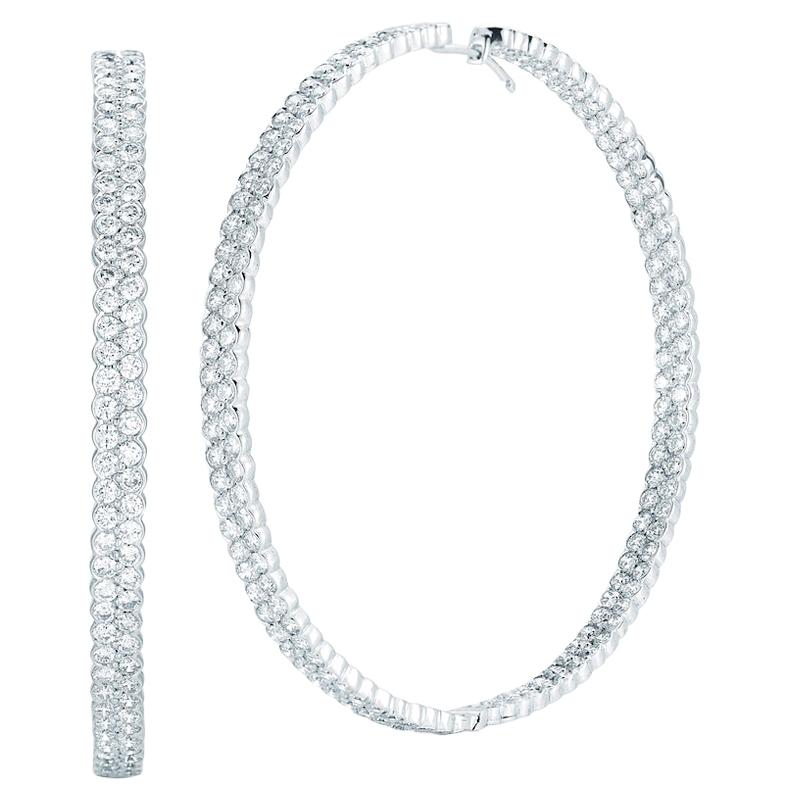 18 Karat White Gold Pave Diamond Hoop Earrings Inside Out 14.80 Carat