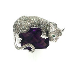 18k White Gold Pave Diamond Large Panther Big Cat on Amethyst Ring