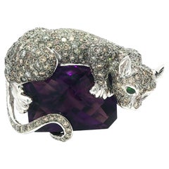 18k White Gold Pave Diamond Large Panther Big Cat on Amethyst Ring