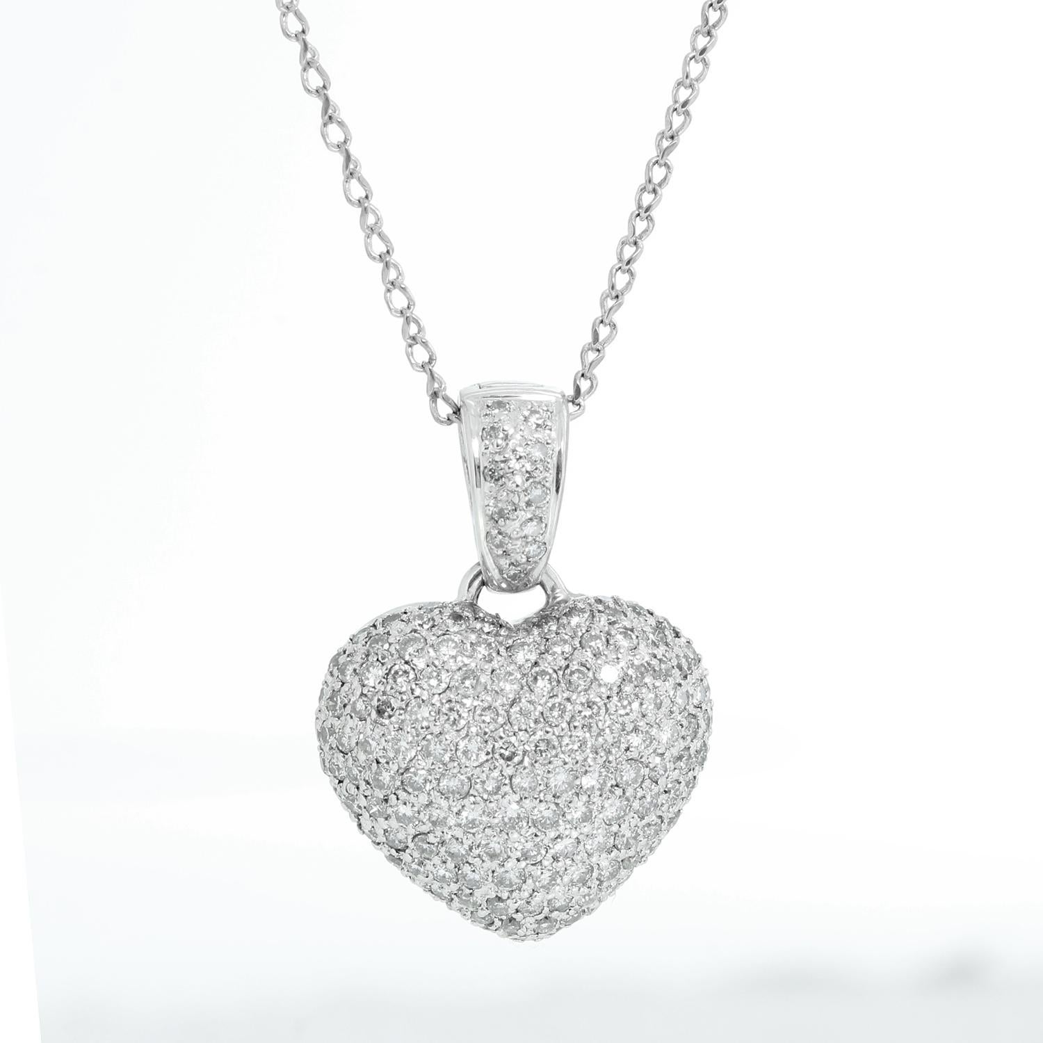 18K White Gold Pave Diamond Necklace - Beautiful Pave white gold diamond heart measuring 1 inch. on a 20 inch white gold chain. Approx. 1 cts of diamonds. Pre-owned with custom necklace box. 
