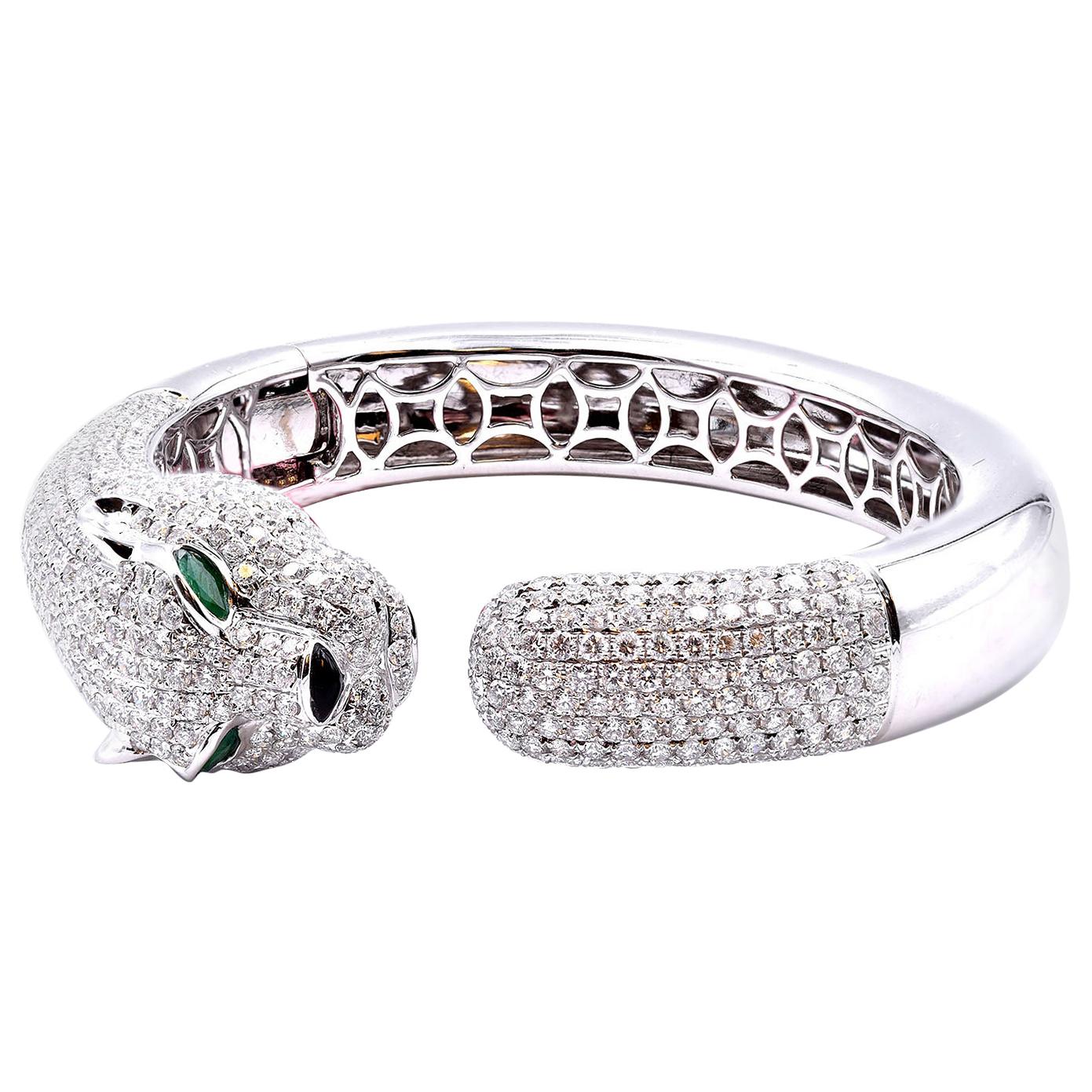 18 Karat White Gold Pave Diamond Panther Bangle Bracelet