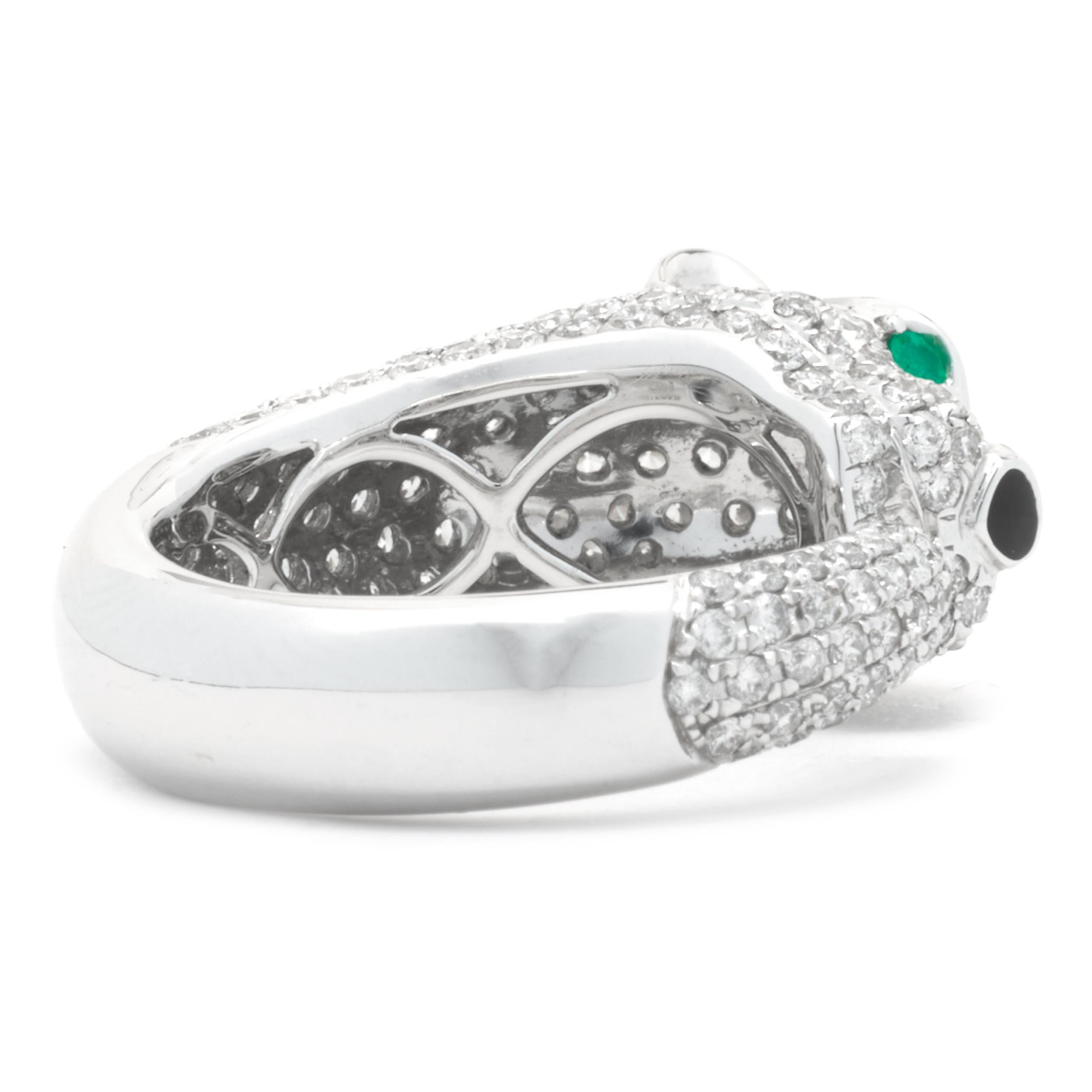 Round Cut 18k White Gold Pave Diamond Panther Ring with Emerald Eyes