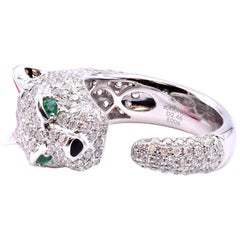 18 Karat White Gold Pave Diamond Panther Ring with Emerald Eyes