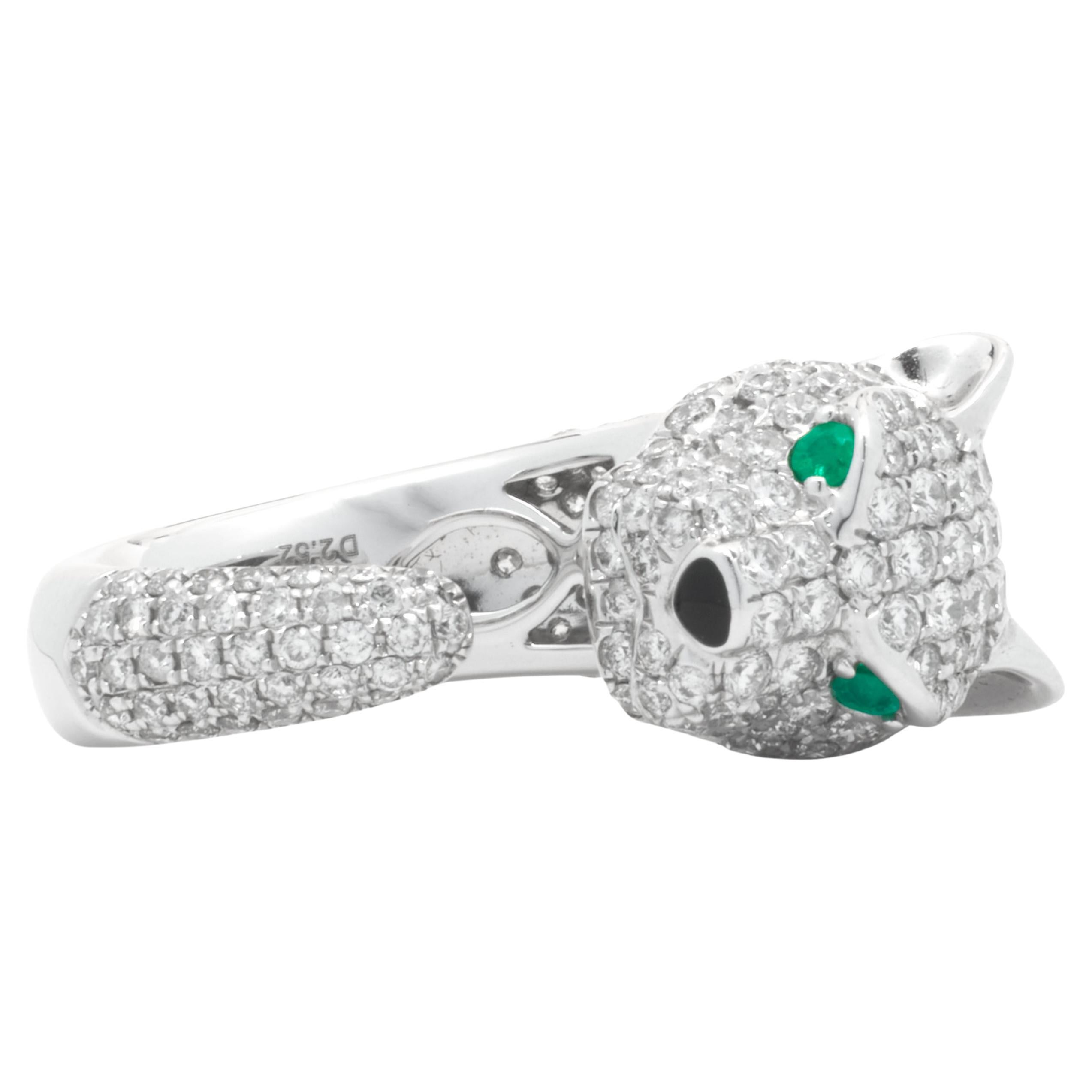 18k White Gold Pave Diamond Panther Ring with Emerald Eyes