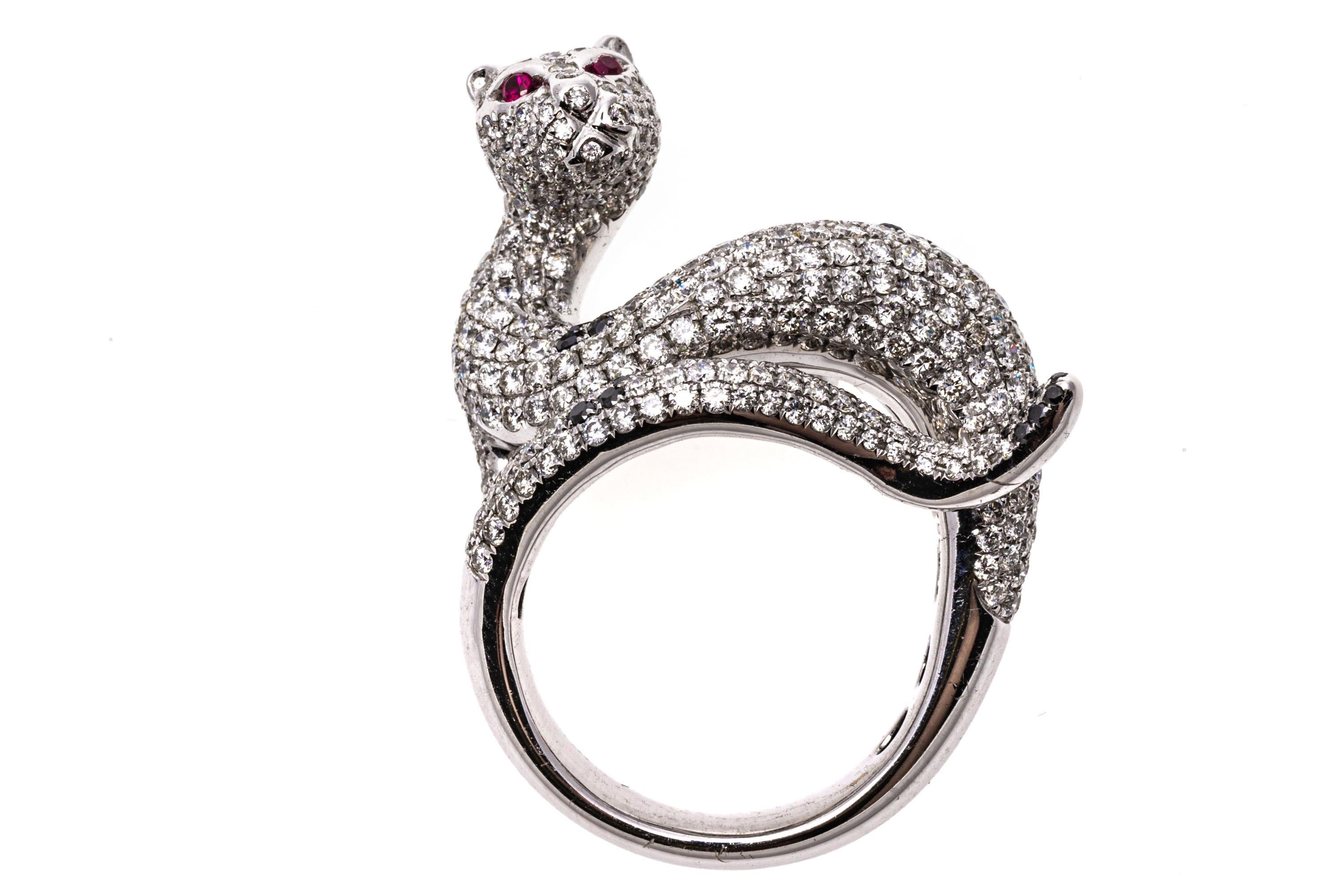 Contemporary 18k White Gold Pave Diamond Slinky Cat Bypass Ring, App. 1.65 TCW For Sale