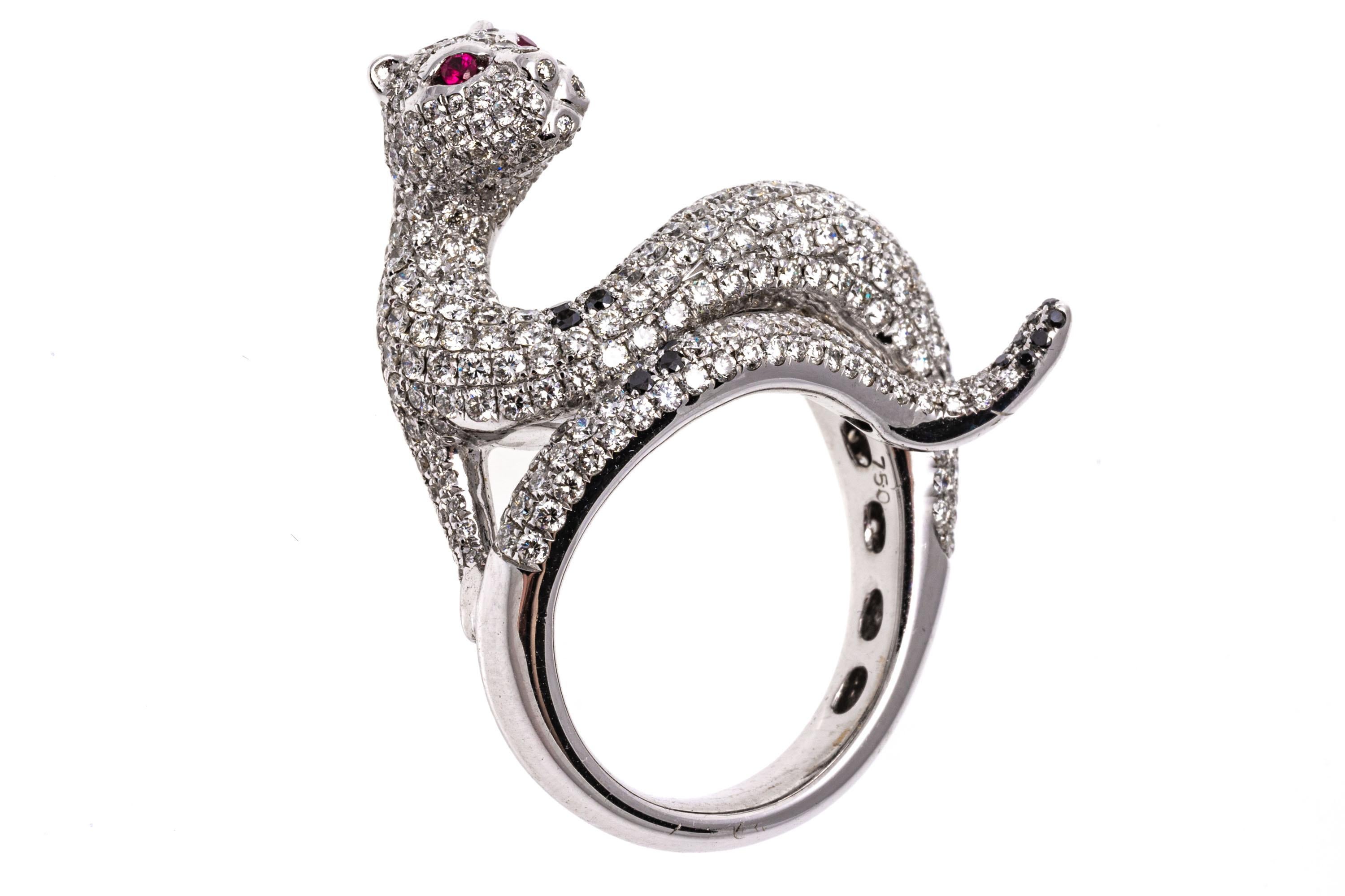 18k White Gold Pave Diamond Slinky Cat Bypass Ring, App. 1.65 TCW In Good Condition For Sale In Southport, CT