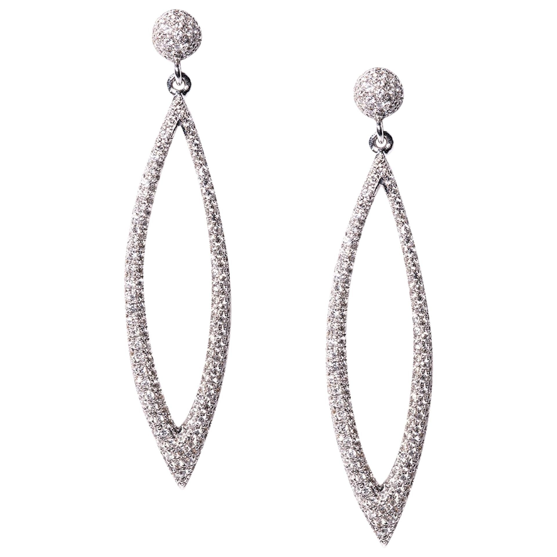18 Karat White Gold Pave Drop Earrings For Sale
