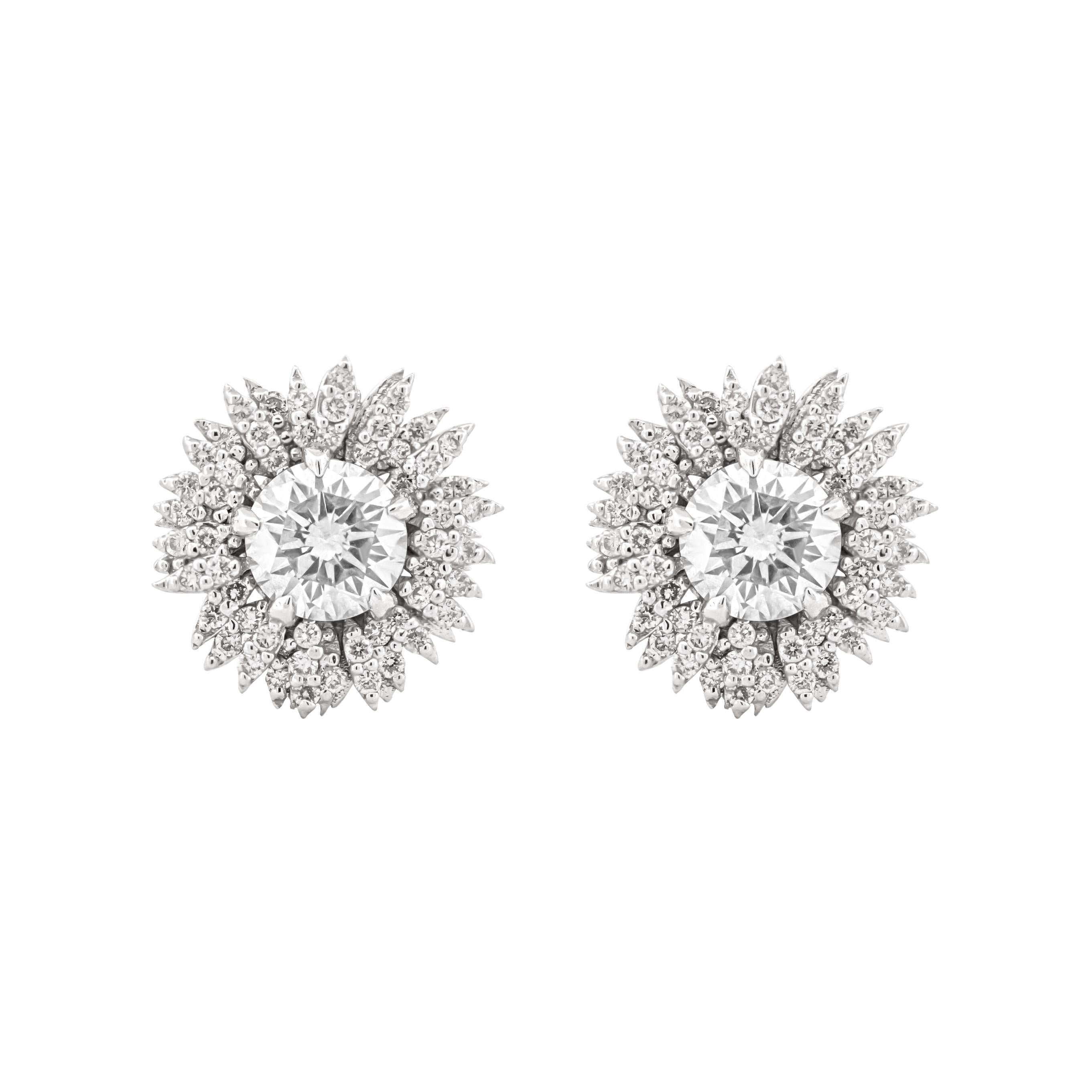 Modern 18k White Gold Pave Flora Helios Stud Earring For Sale