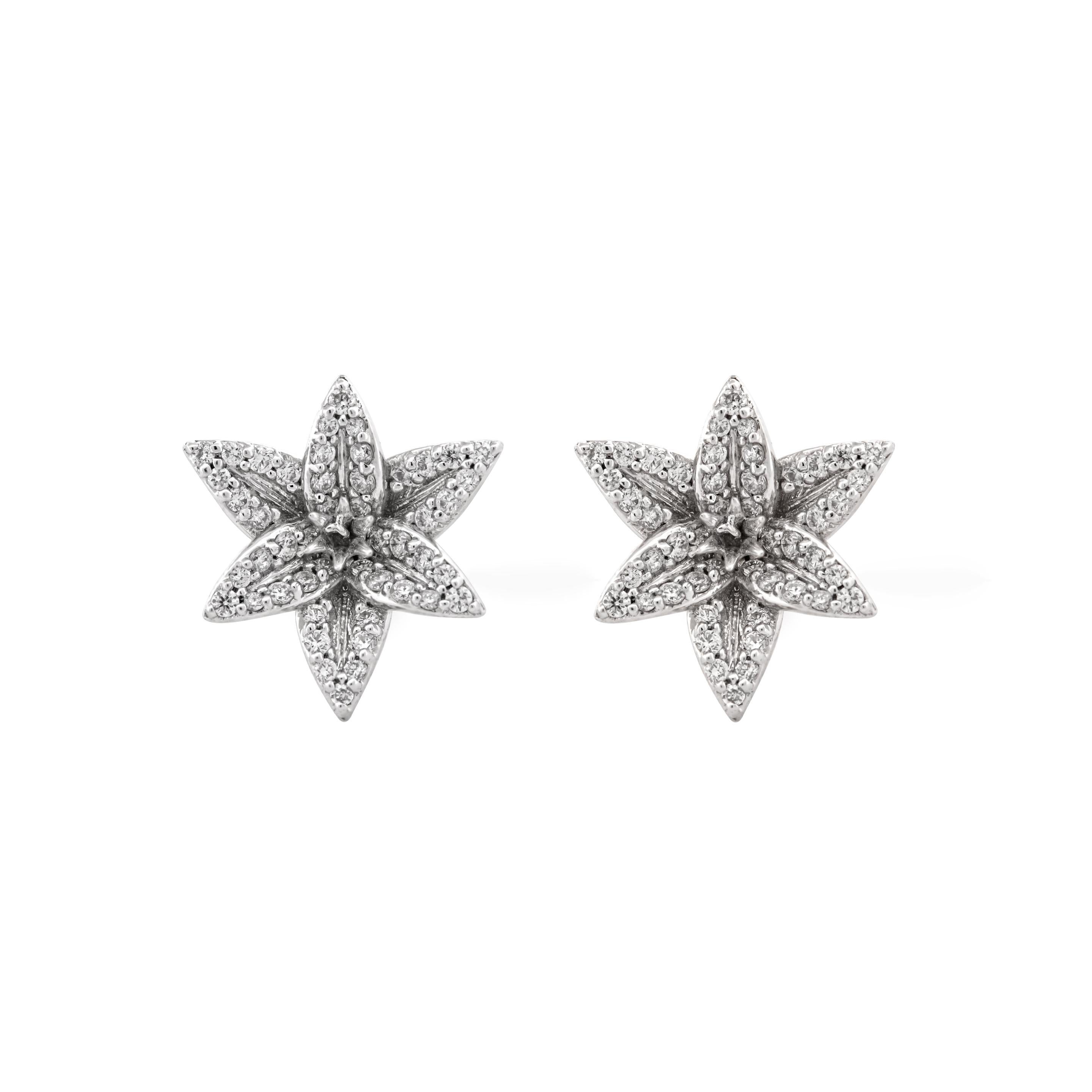 Modern 18k White Gold Pave Flora Lily Stud Earring For Sale