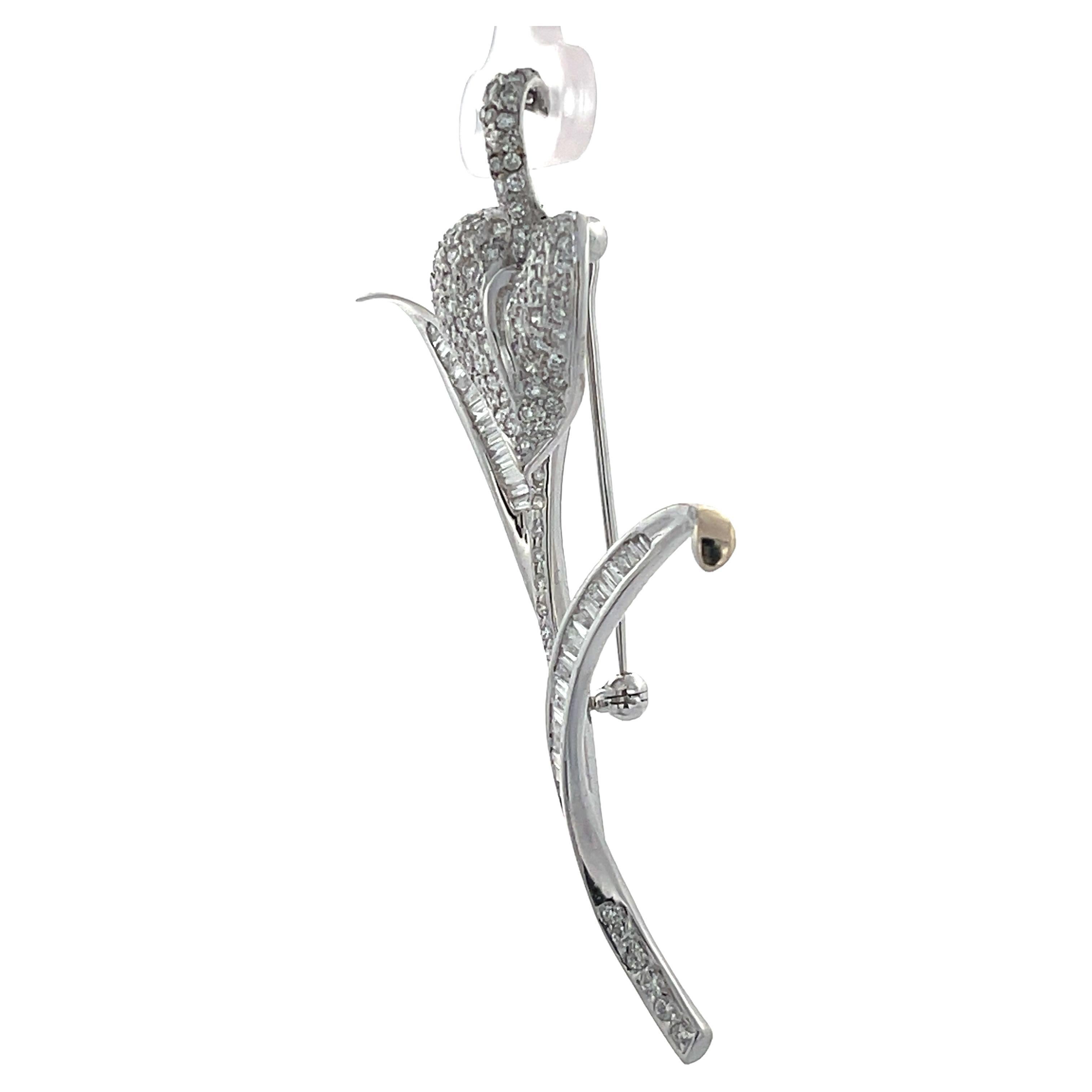 Round Cut 18K White Gold Pave Heart and Baguette Diamond Brooch  For Sale