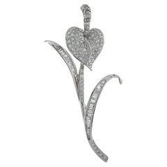 18K White Gold Pave Heart and Baguette Diamond Brooch 