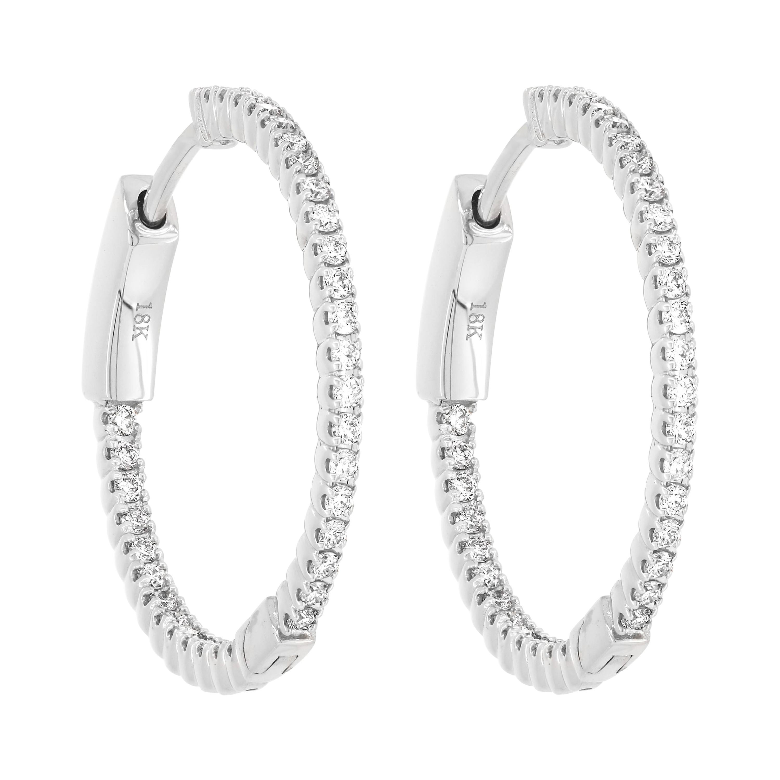 18K White Gold 13 Carats Round Diamond Openwork Hoop Earrings For Sale