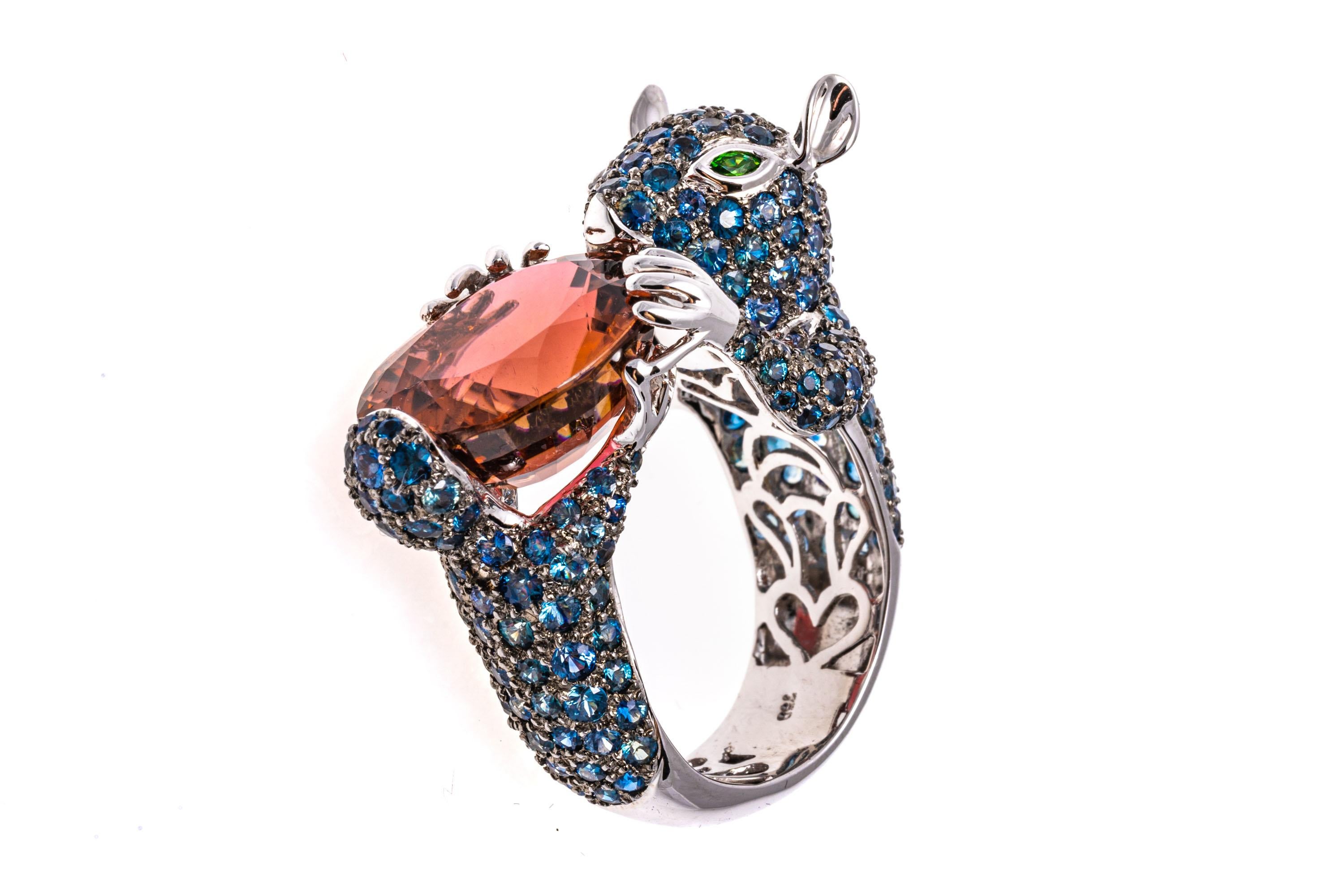 18k White Gold Pave Sapphire Squirrel Ring, Holding A Tourmaline, TCW 1