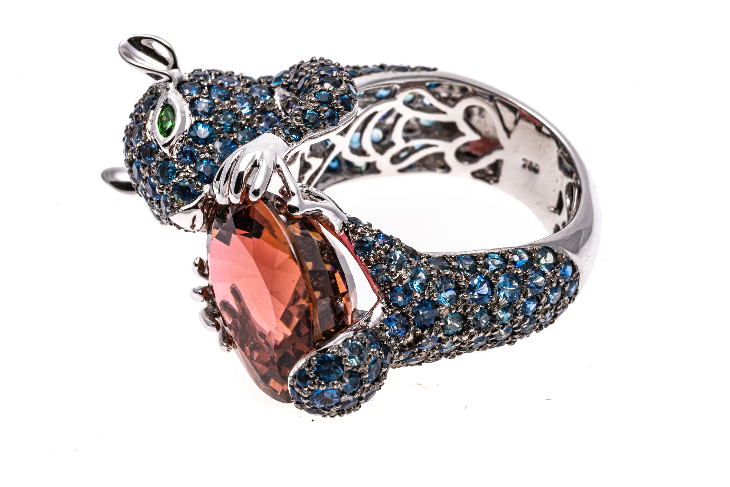 18k White Gold Pave Sapphire Squirrel Ring, Holding A Tourmaline, TCW 3