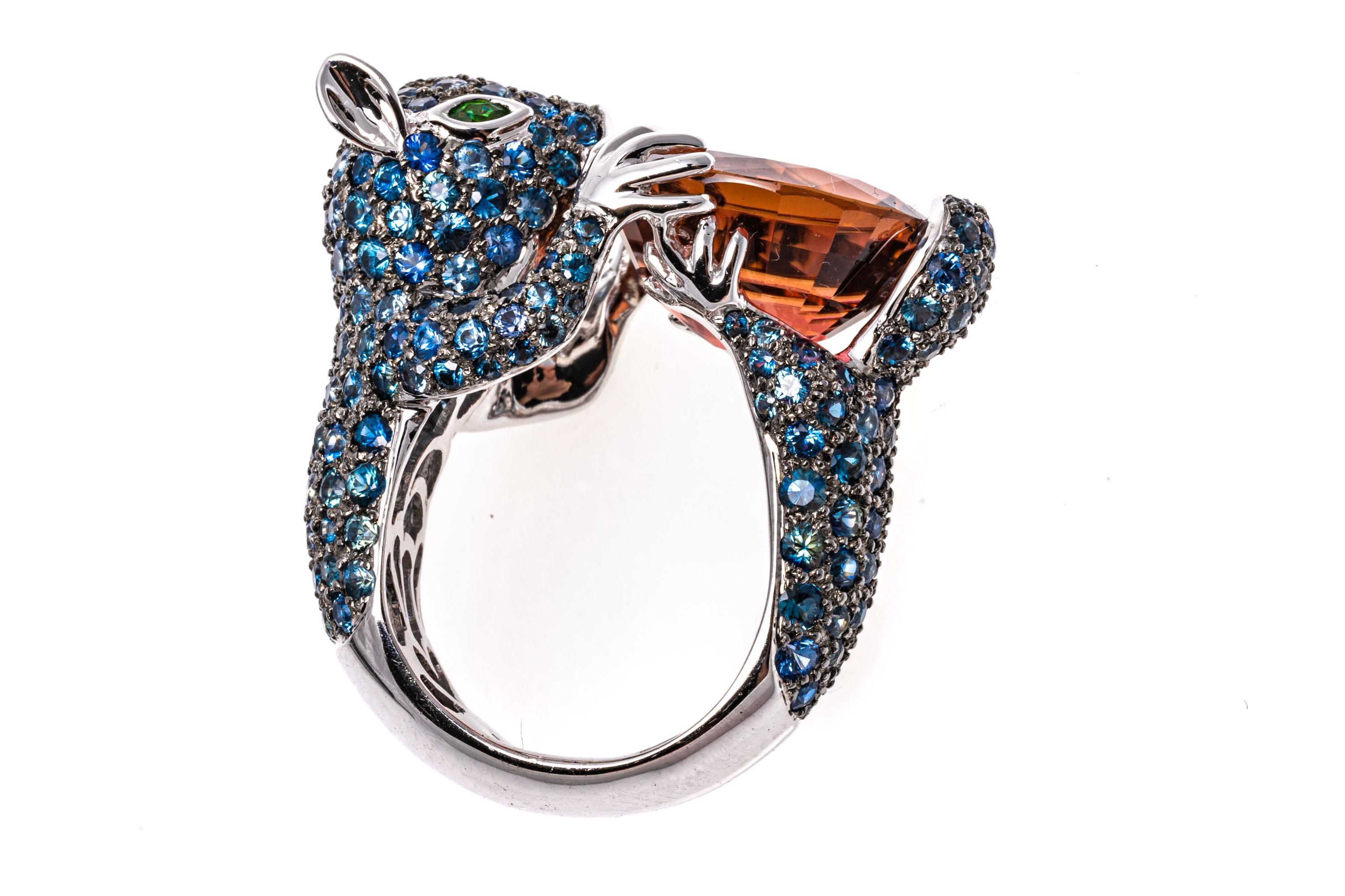 18k White Gold Pave Sapphire Squirrel Ring, Holding A Tourmaline, TCW 4