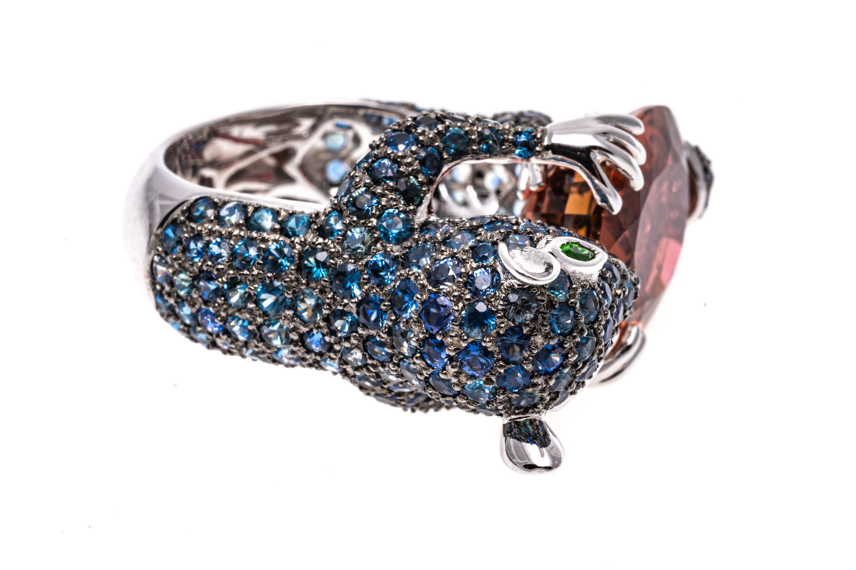 18k White Gold Pave Sapphire Squirrel Ring, Holding A Tourmaline, TCW 5