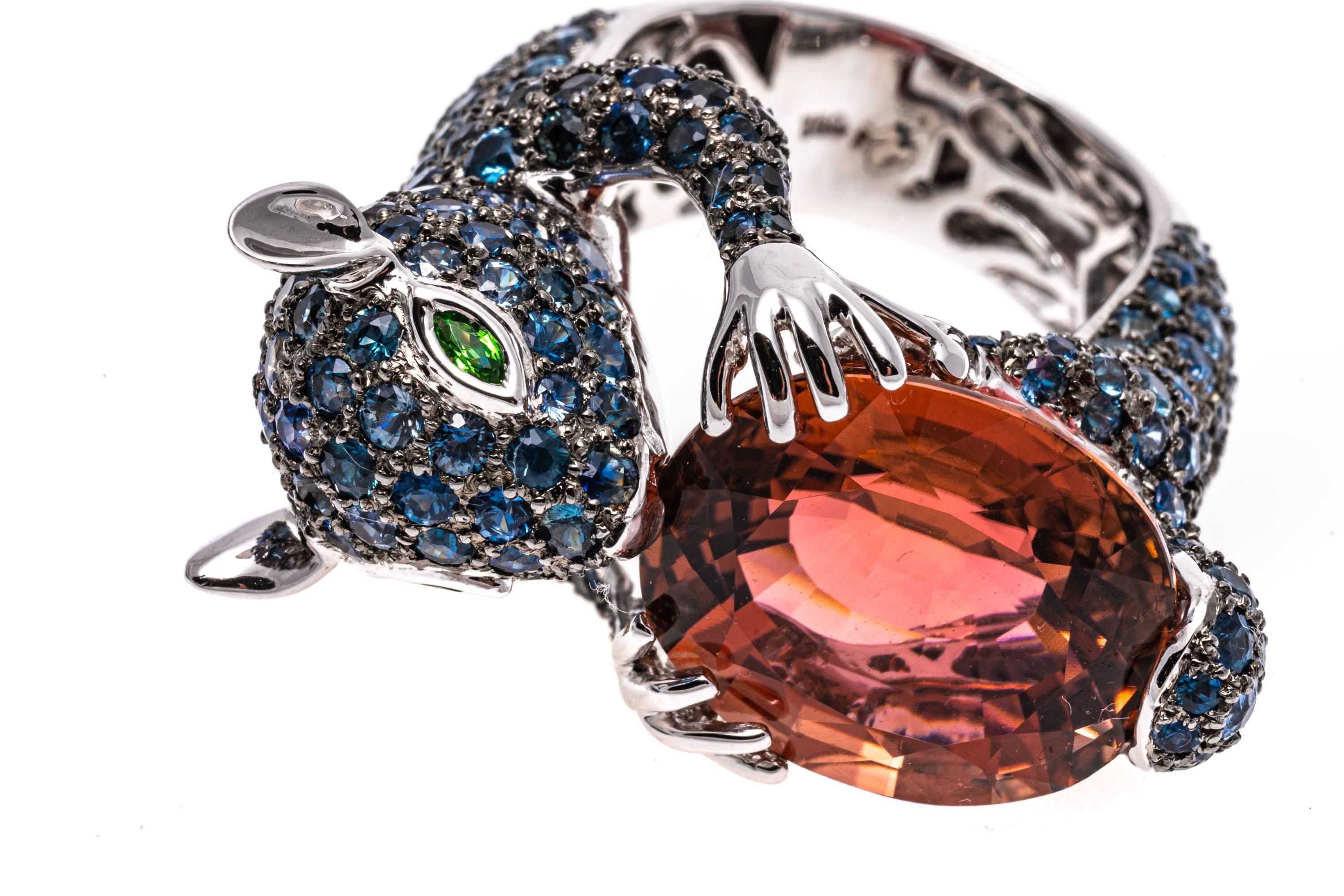 Women's 18k White Gold Pave Sapphire Squirrel Ring, Holding A Tourmaline, TCW