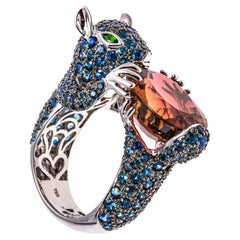 18k White Gold Pave Sapphire Squirrel Ring, Holding A Tourmaline, TCW