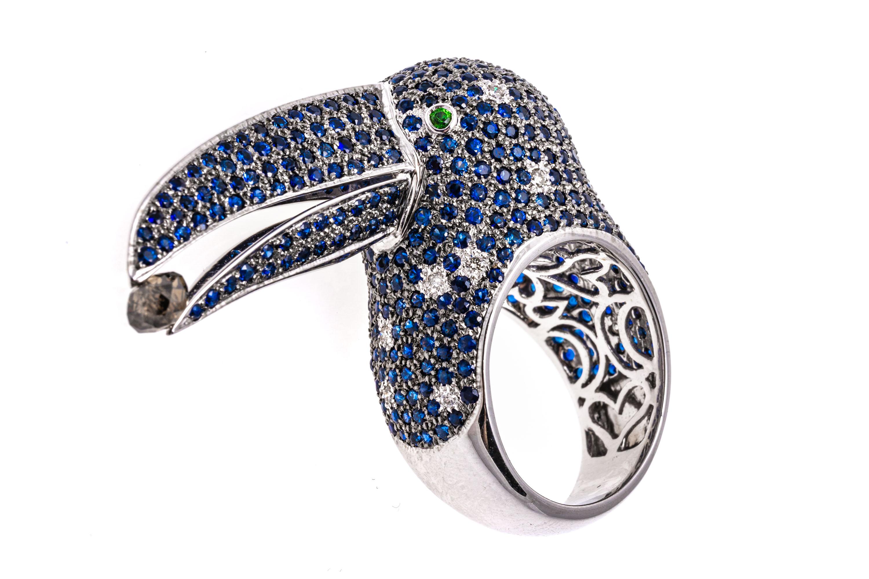 18k White Gold Pave Sapphire Toucan Ring, App. 4.38 TCW, With Diamonds For Sale 4