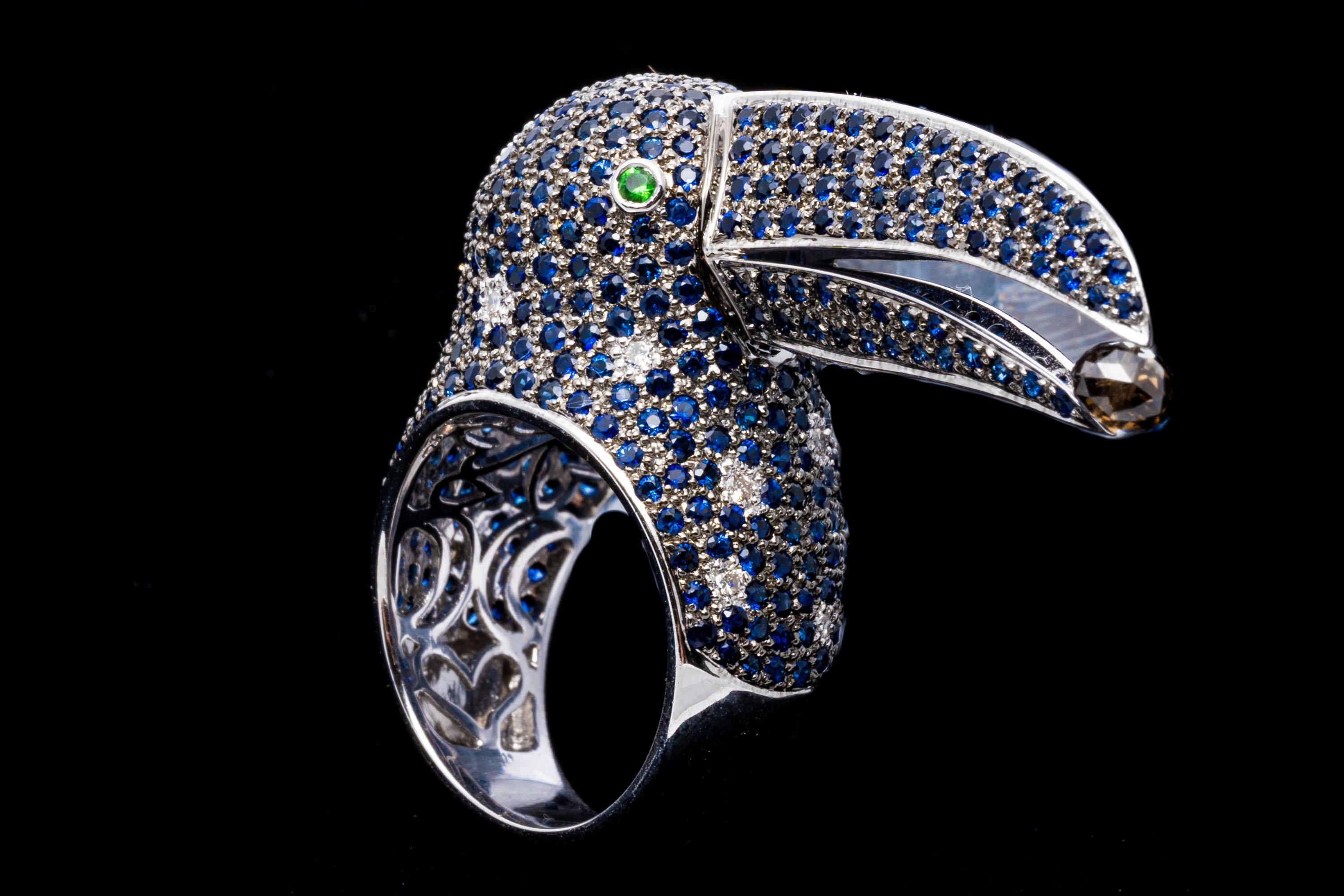 18k White Gold Pave Sapphire Toucan Ring, App. 4.38 TCW, With Diamonds For Sale 9