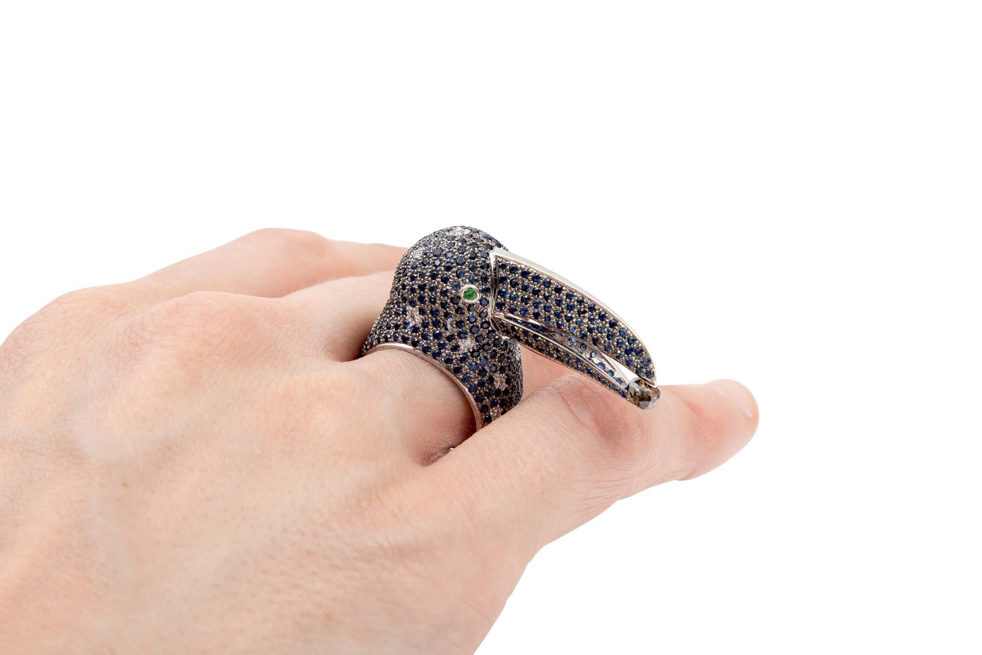 18k White Gold Pave Sapphire Toucan Ring, App. 4.38 TCW, With Diamonds For Sale 10